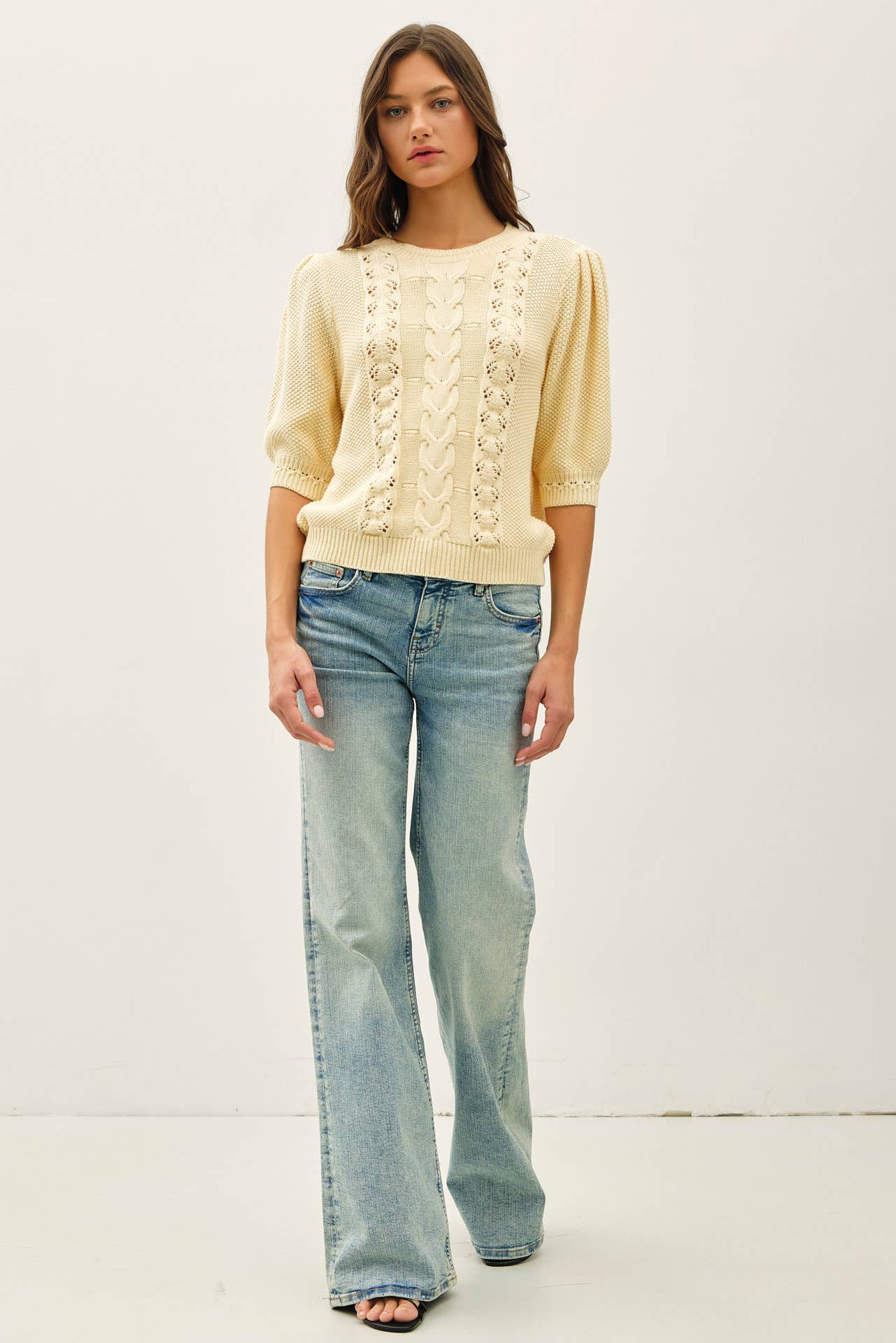 Be Cool - CHUNKY PUFF SHORT SLEEVE CABLE KNIT SWEATER: SEAFOAM / L
