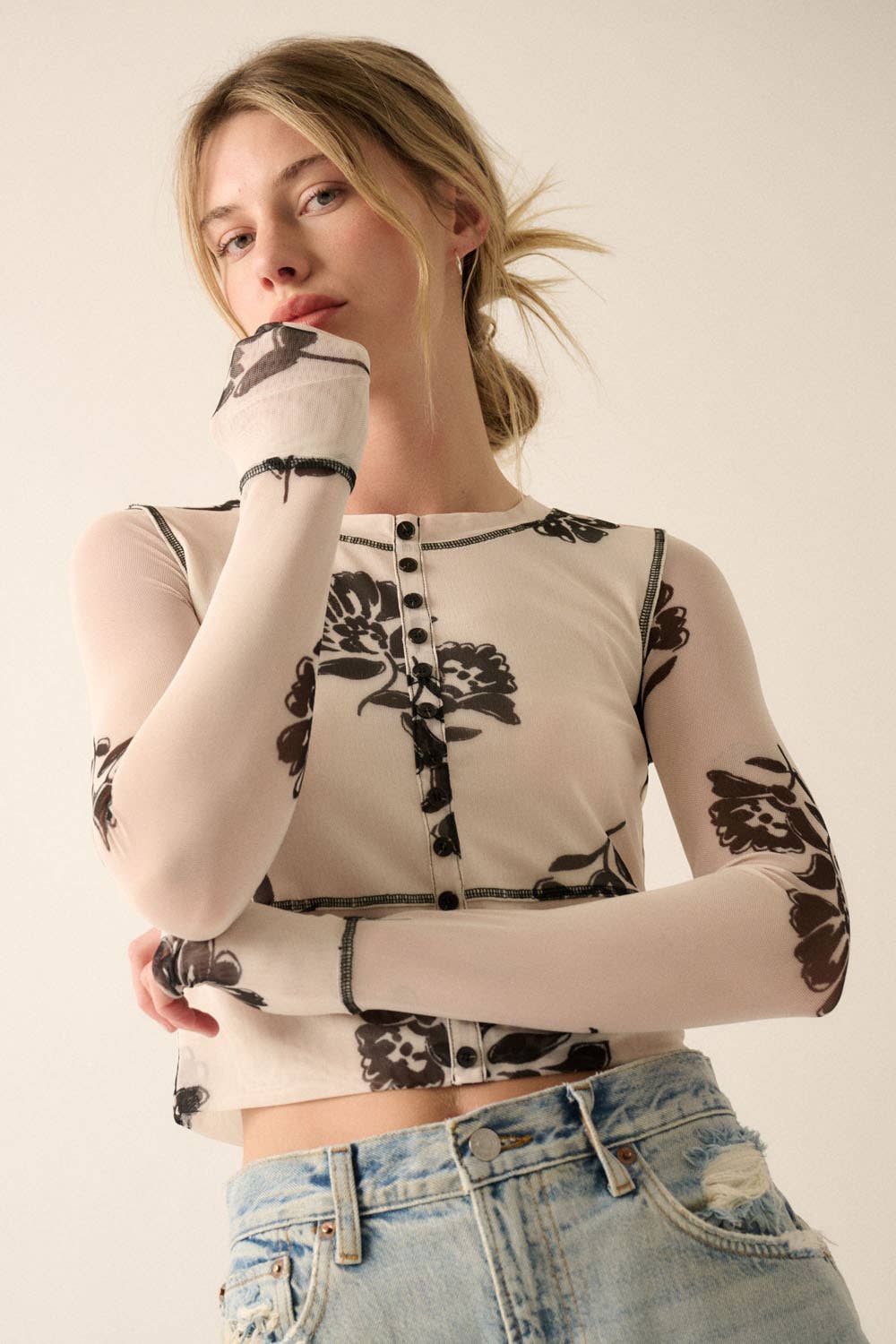 Floral Print Mesh Top