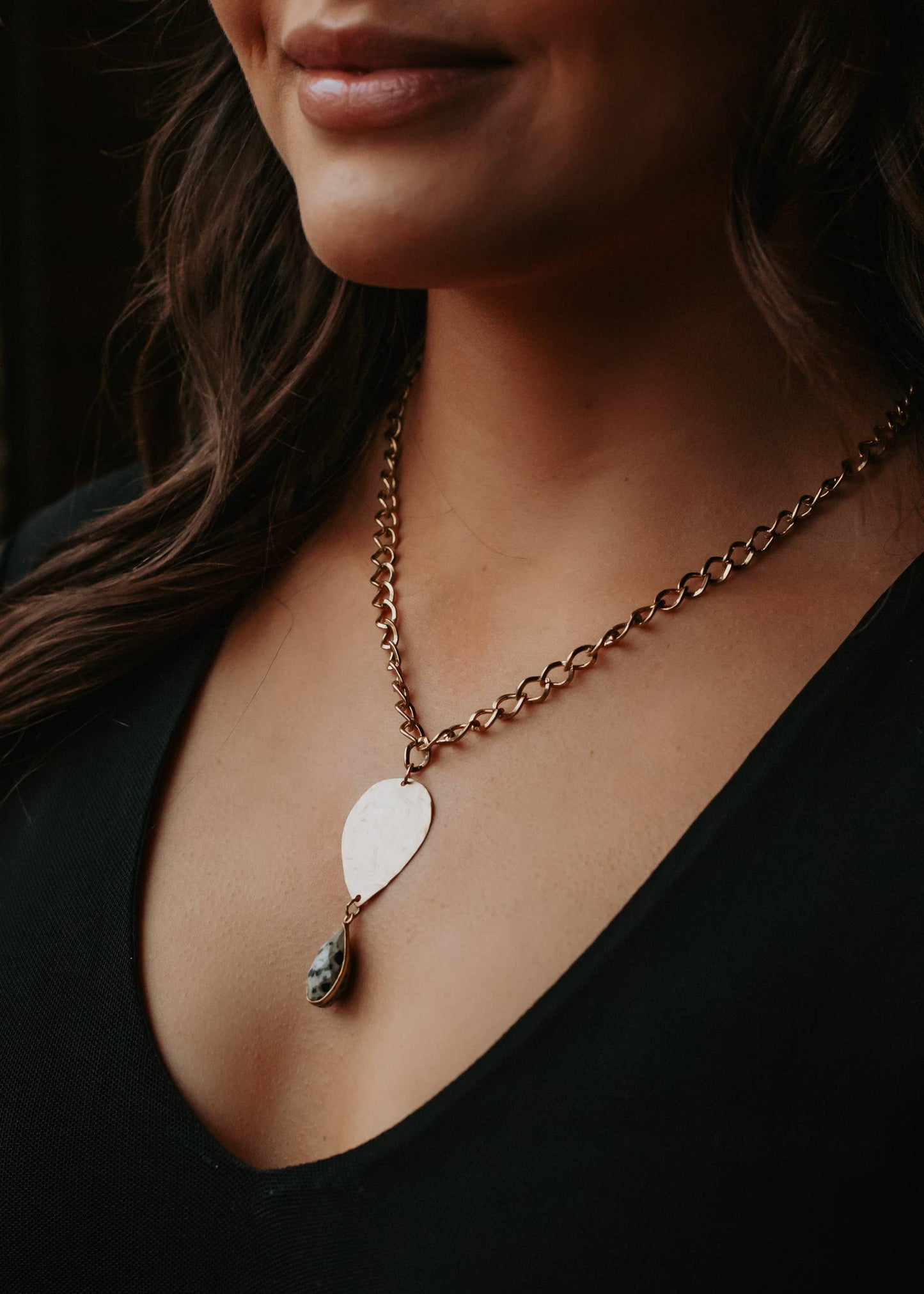 Gold Chain Necklace w/ Hammered & Dalmatian Stone