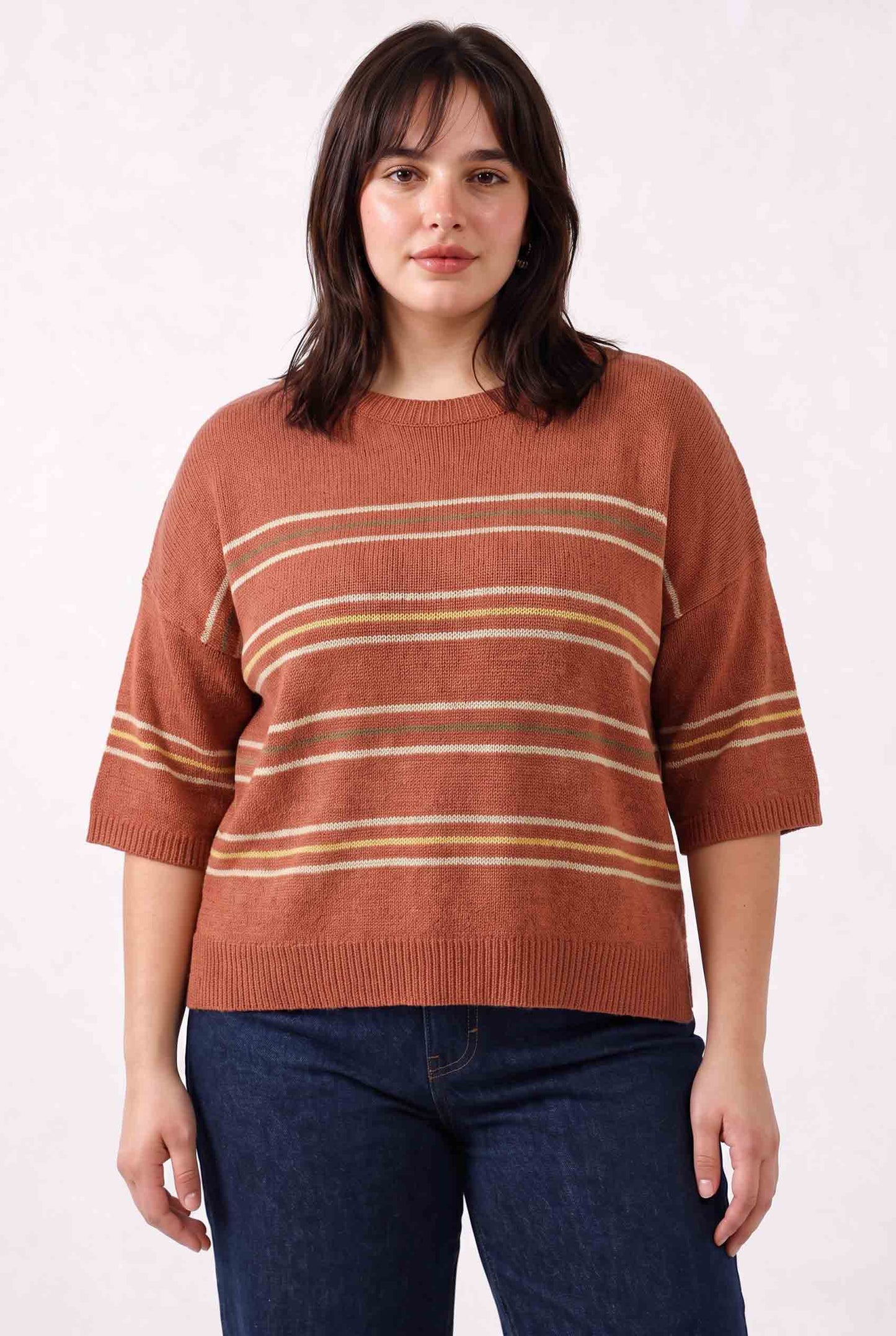 Be Cool - [PLUS] OVER SIZED DROP SHOULDER STRIPED SWEATER : SAGE / 1X