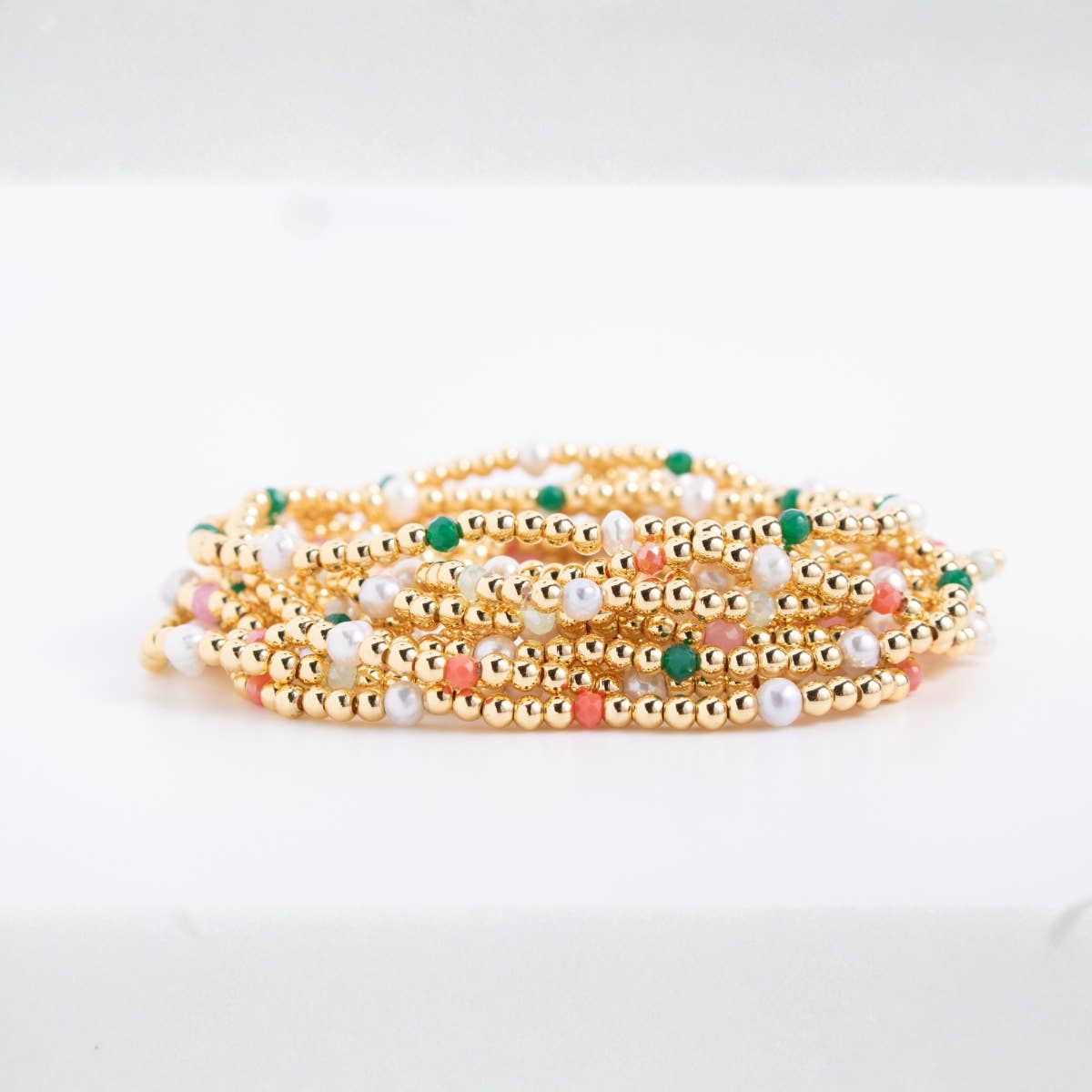 3mm Beaded Stretch Bracelet with Pearls and Crystals: Blues