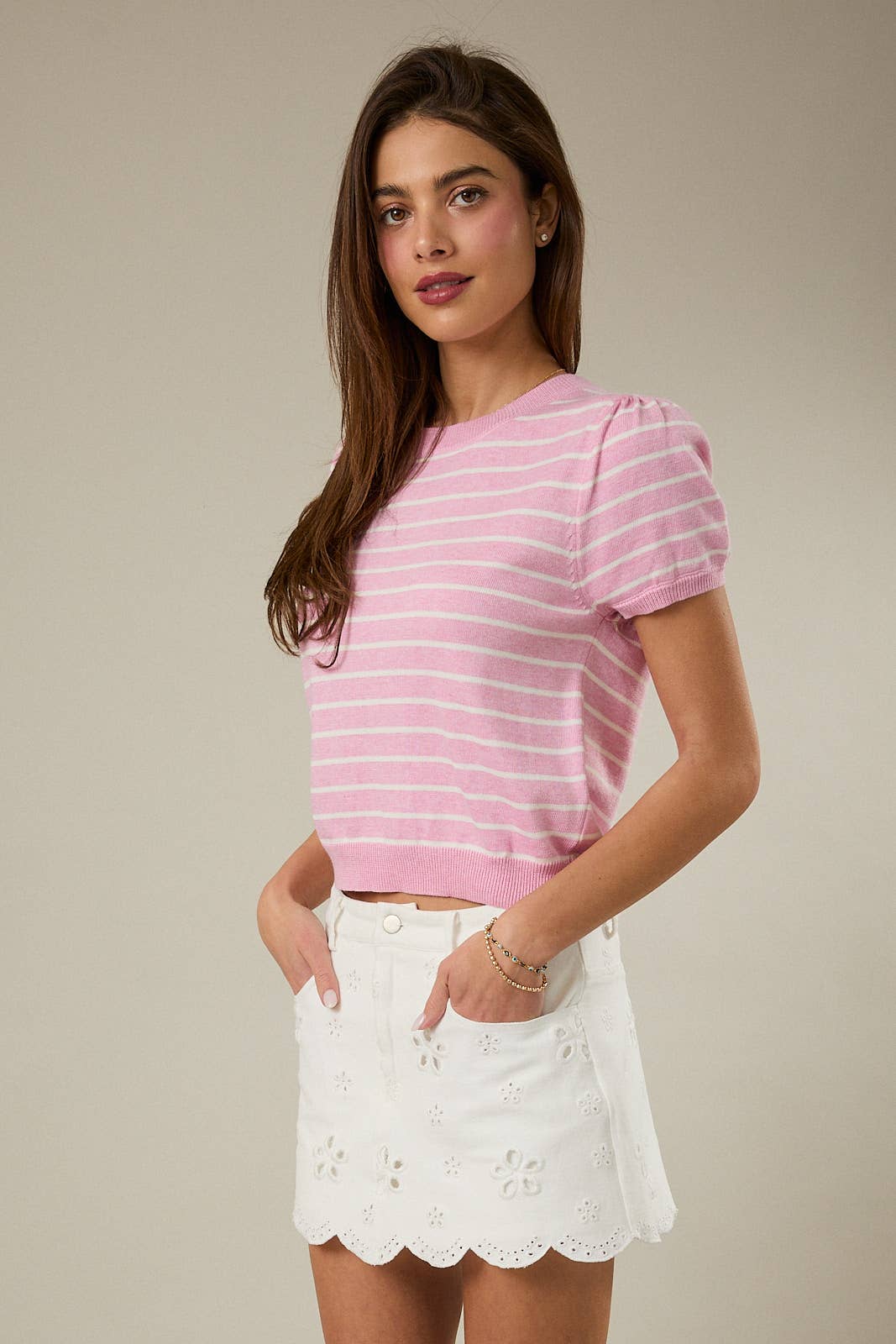 Sunday Edition by LE LIS - HALF SLEEVE CREW NECK PUFF STRIPED SWEATER TOP: LT BLUE-WHITE STRIPE / M