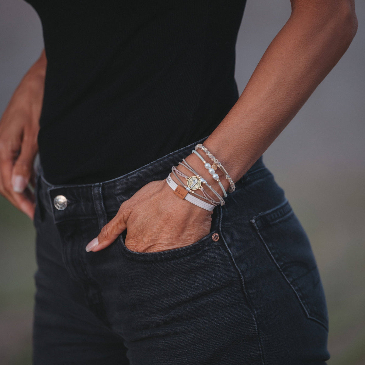 K'lani hair tie bracelets - "Risen" Warm Neutrals with Gold Christus Hair Tie Bracelets: Small