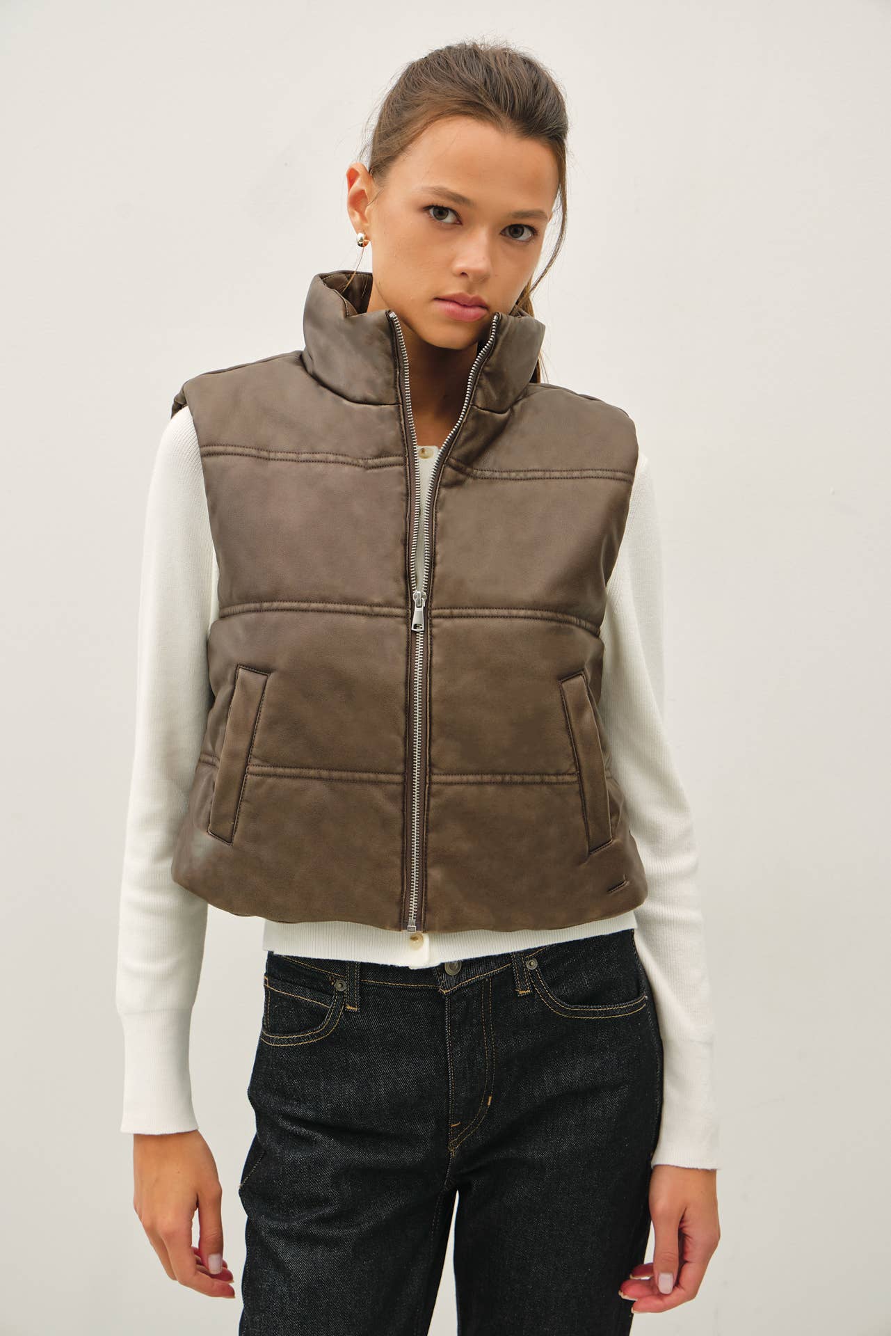 Be Cool - FAUX LEATHER PUFFER VEST : Brown / S