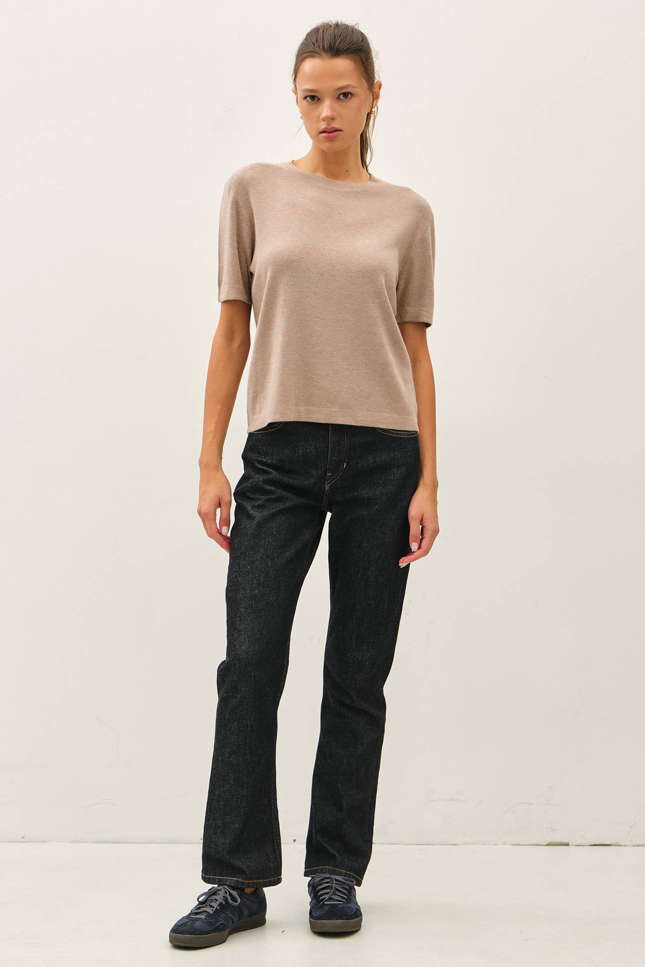 Be Cool - CASHMERE BLENDED SHORT SLEEVE SWEATER  : SLATE BLUE / L