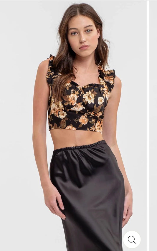 Floral Ruffle Strap Detail Crop Top
