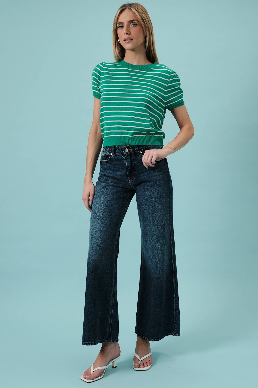 Sunday Edition by LE LIS - HALF SLEEVE CREW NECK PUFF STRIPED SWEATER TOP: LT BLUE-WHITE STRIPE / M