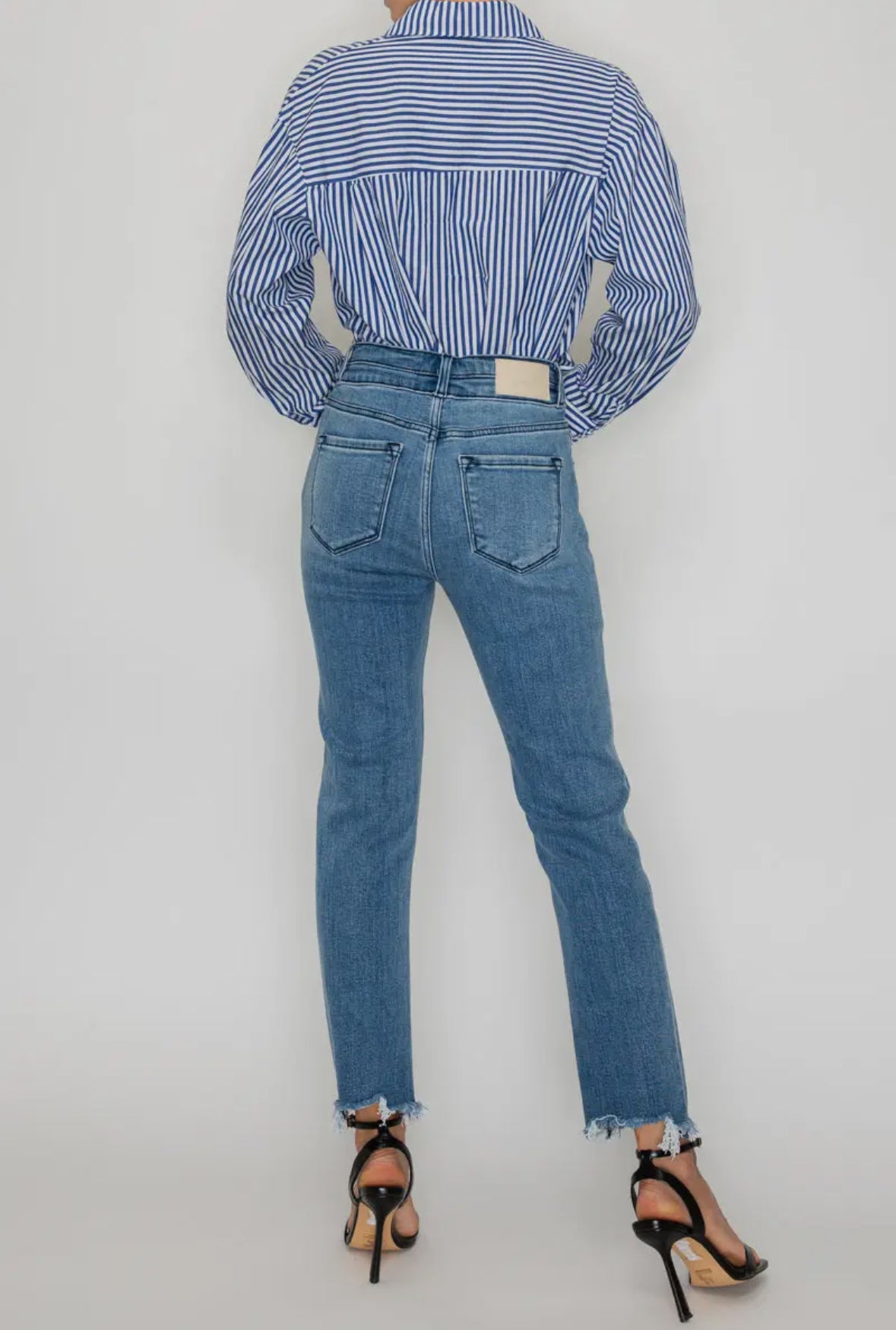 High Rise Double Waistband Straight Raw Hem Jean