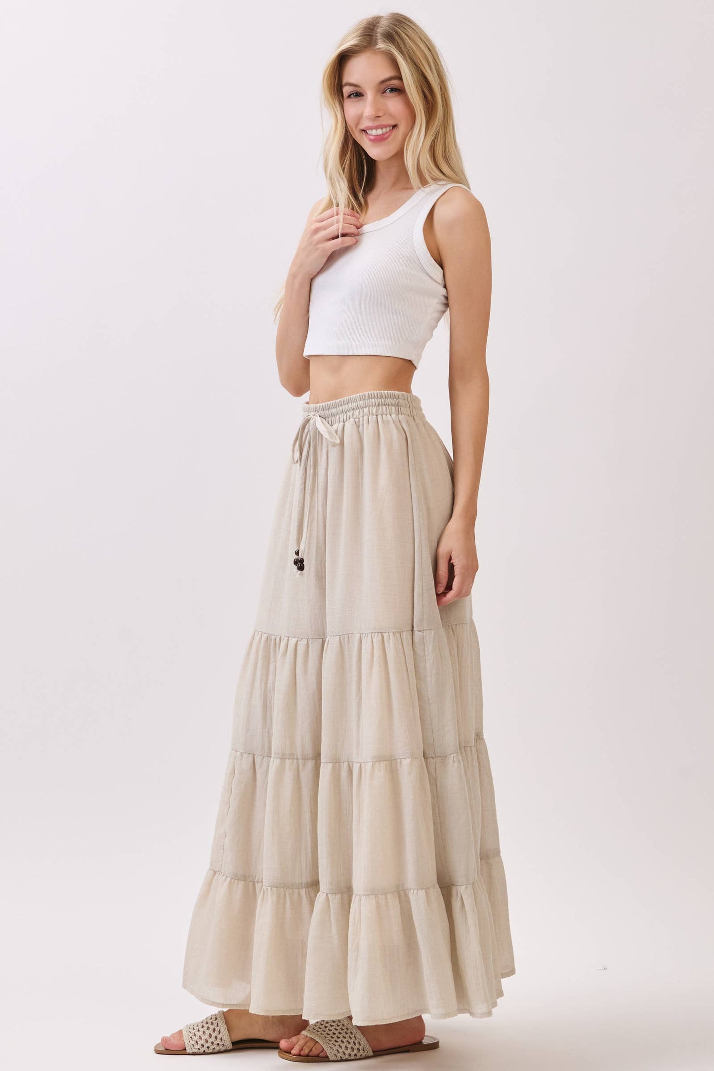Final Touch - Tiered Coconut Tie Detail Maxi Skirt - VS3009: OLIVE / S