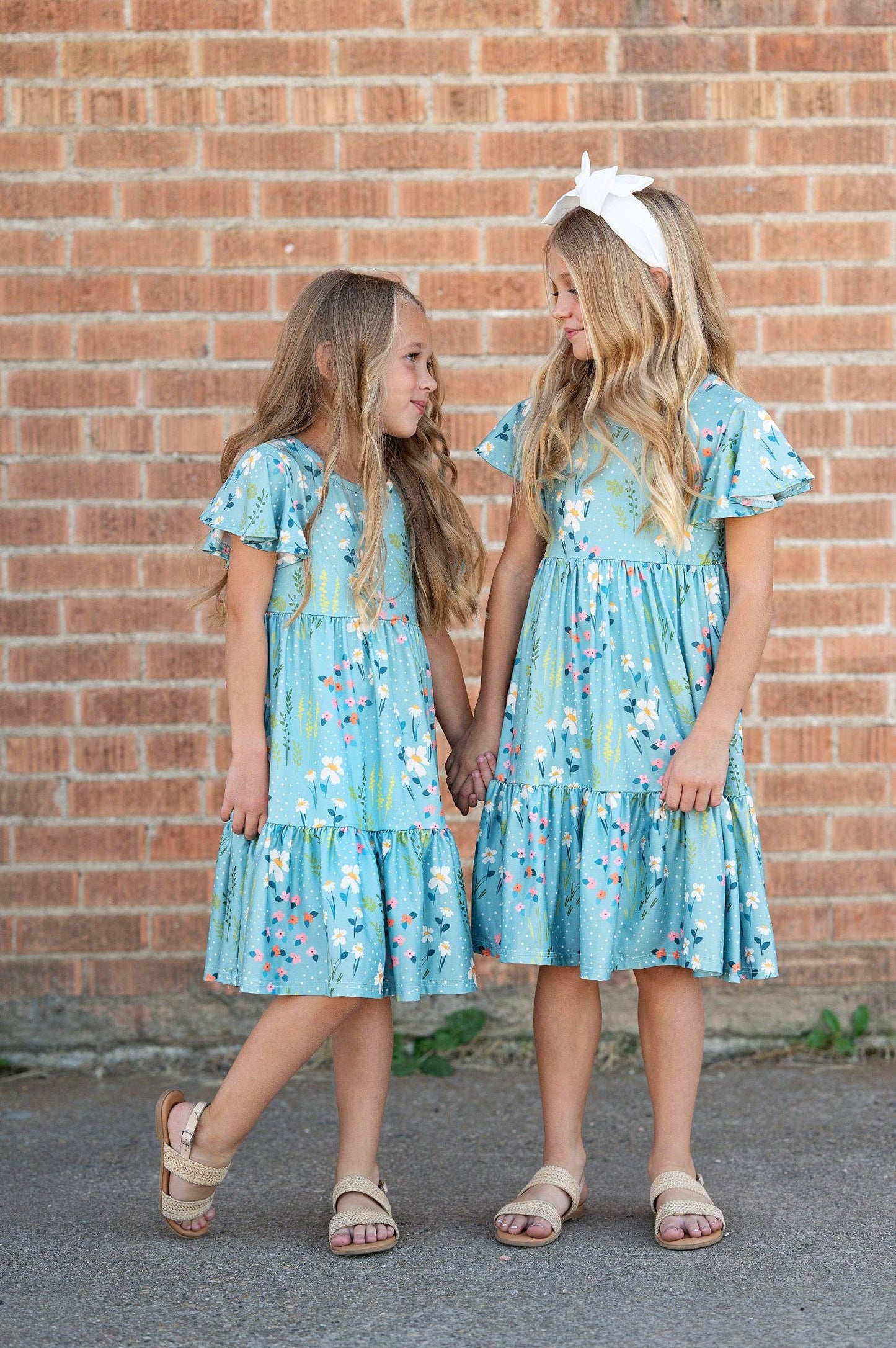 Girls Emma Teal Summer Willow Floral Flutter Sleeve Dress