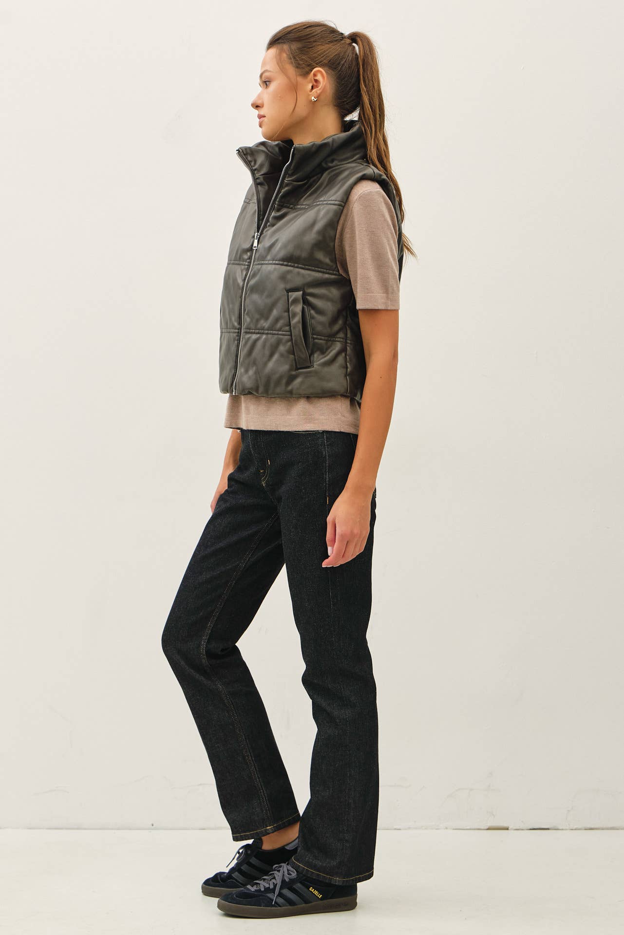 Be Cool - FAUX LEATHER PUFFER VEST : Brown / M