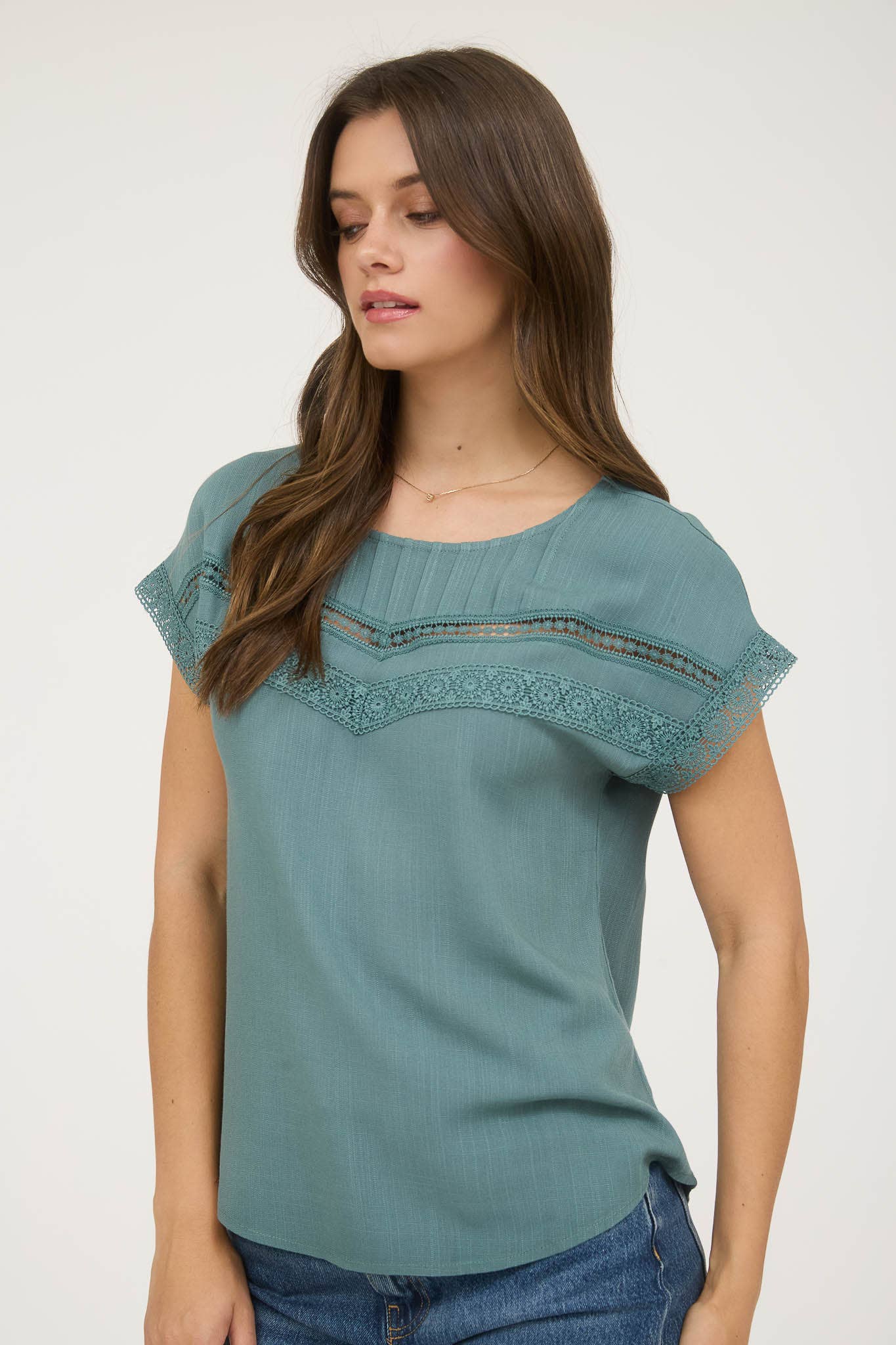 LACE TRIM PLEATED YOKE SHORT SLEEVE TOP: DUSTY TEAL