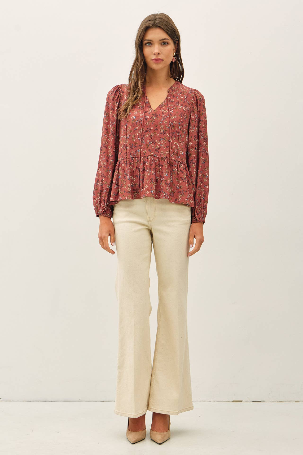 FLORAL PRINT V-NECK CHIFFON BLOUSE
