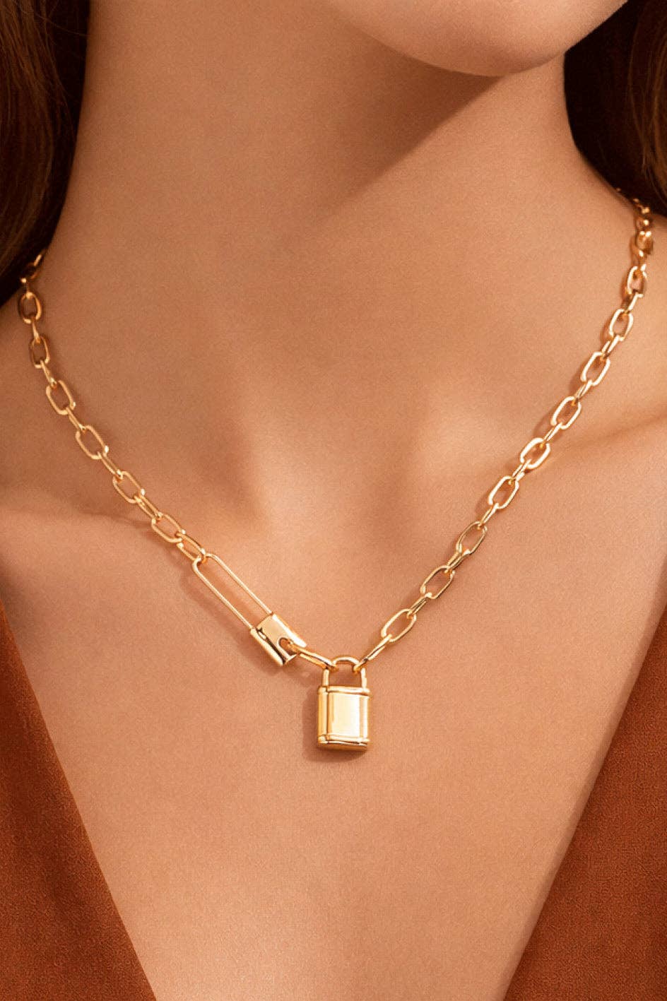 18K Gold Plated Waterproof Stainless Steel Padlock Chain Necklace