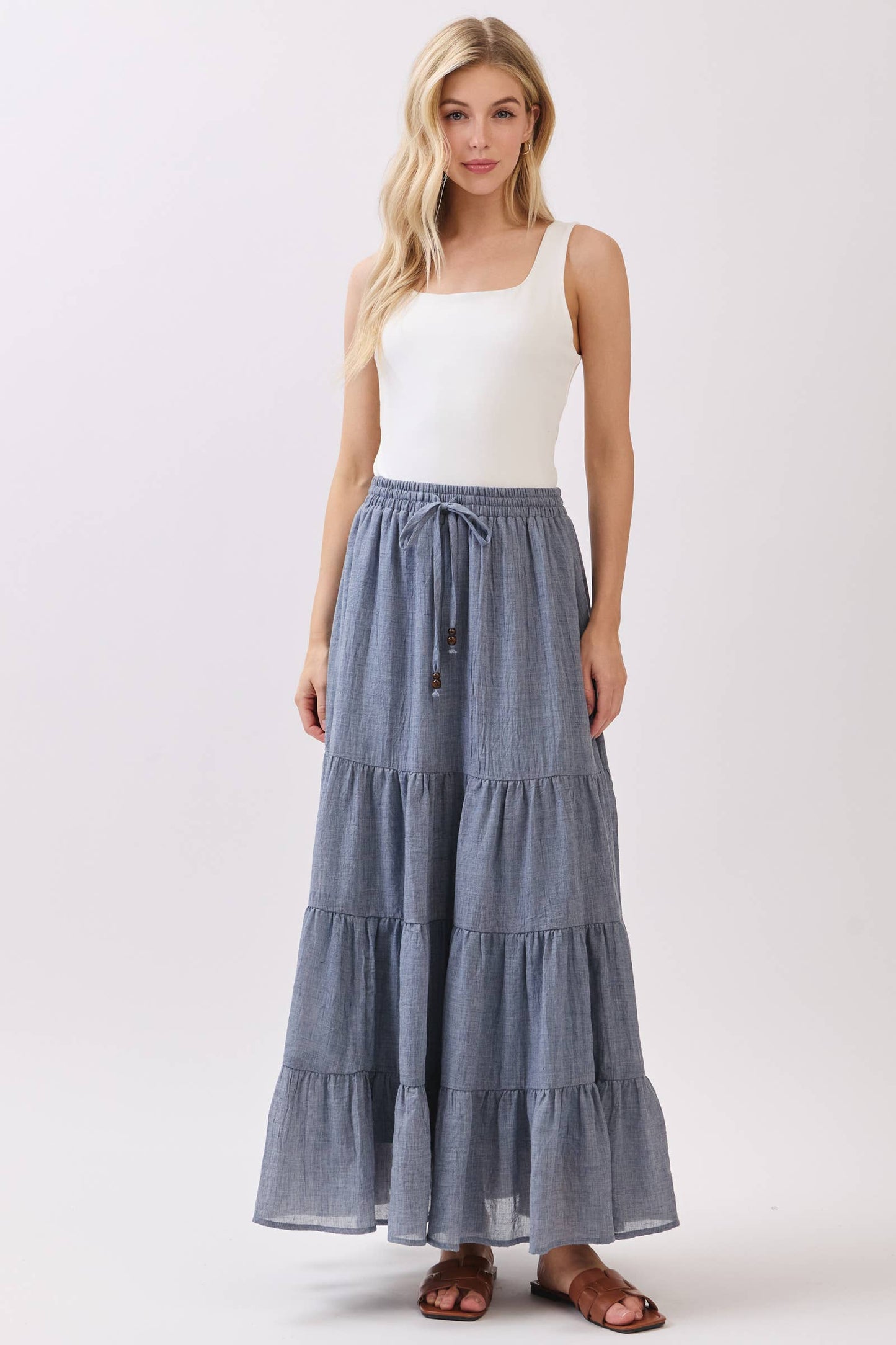 Final Touch - Tiered Coconut Tie Detail Maxi Skirt - VS3009: OLIVE / S