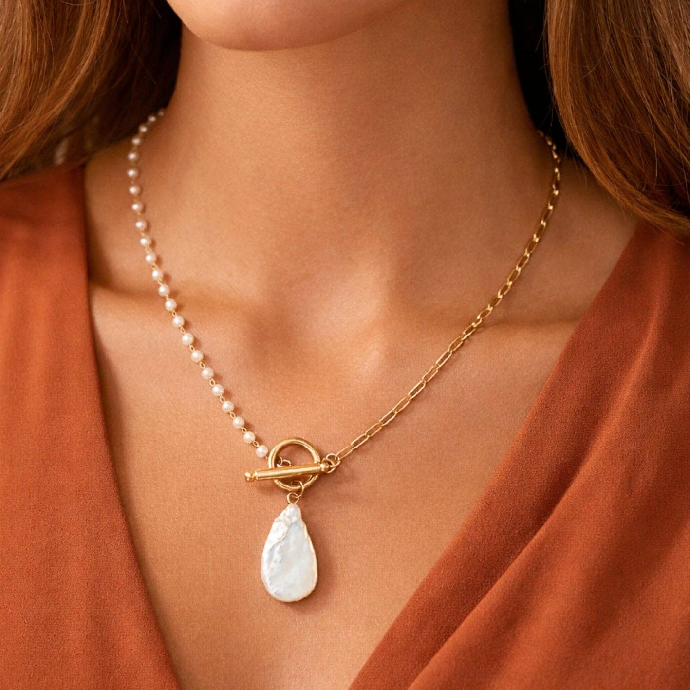 Dainty 18K Gold Plated Stainless Steel Pearl Beaded Chain Necklace
