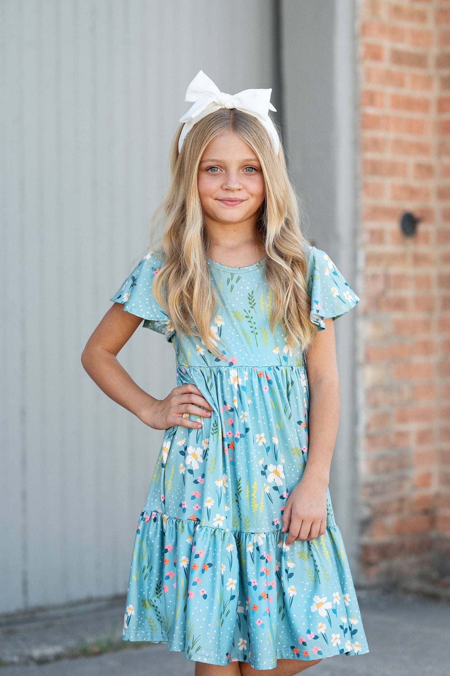 Girls Emma Teal Summer Willow Floral Flutter Sleeve Dress
