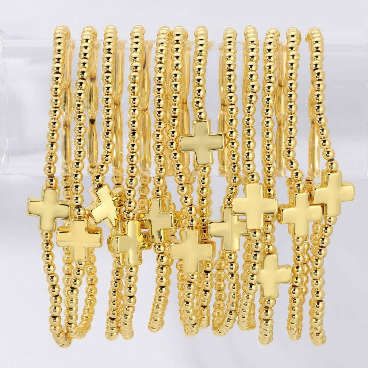 Splendid Iris - 3mm Beaded Stretch Bracelet with Single Gold Cross
