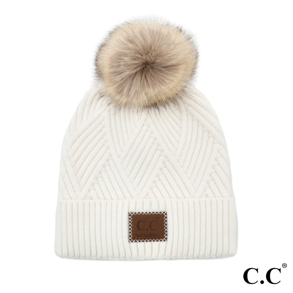 Diagonal Stripe Knit Pattern Pom Beanie