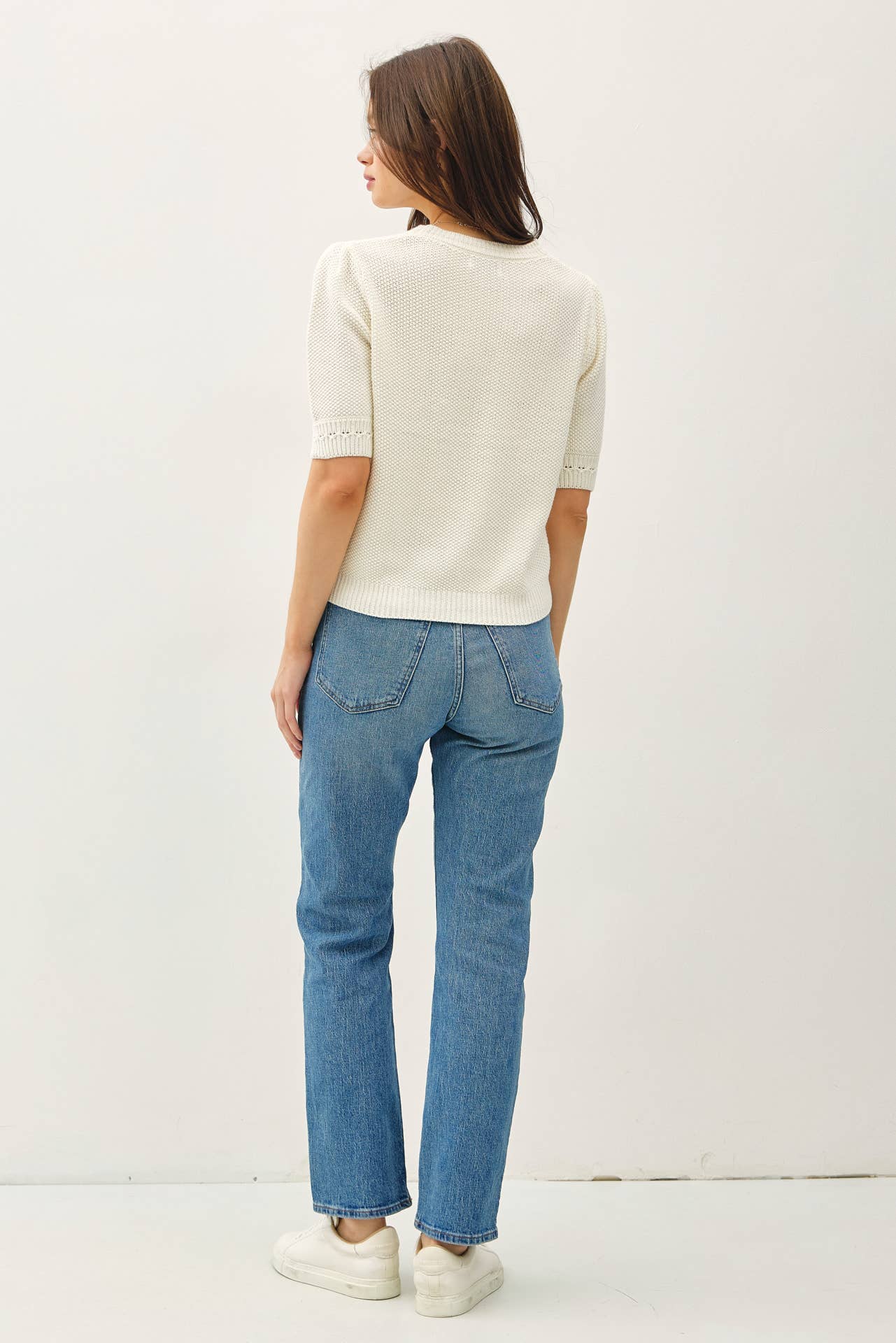 Be Cool - CHUNKY PUFF SHORT SLEEVE CABLE KNIT SWEATER: SEAFOAM / L