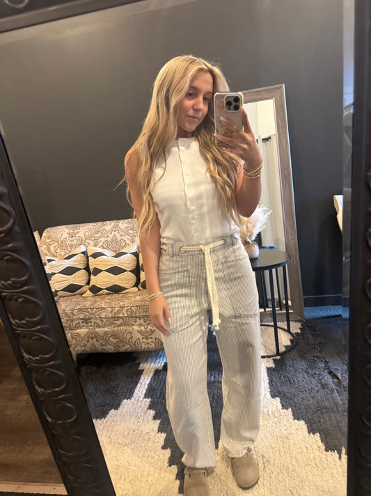 Eyelet Rope Waist Tie Detail Stripe Denim Pants