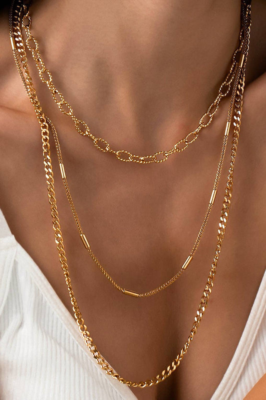 18K Gold Dipped Stainless Steel Triple Layered Chunky Chain Necklace
