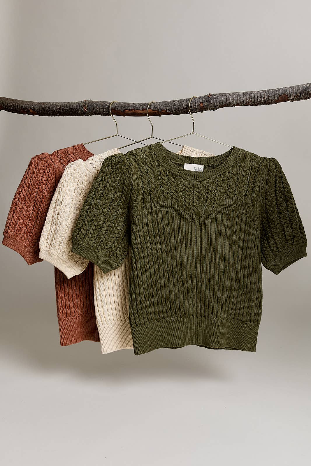 Sunday Edition by LE LIS - ROUND NECK PUFF SHORT SLEEVE CABLE SWEATER: APRICOT / L