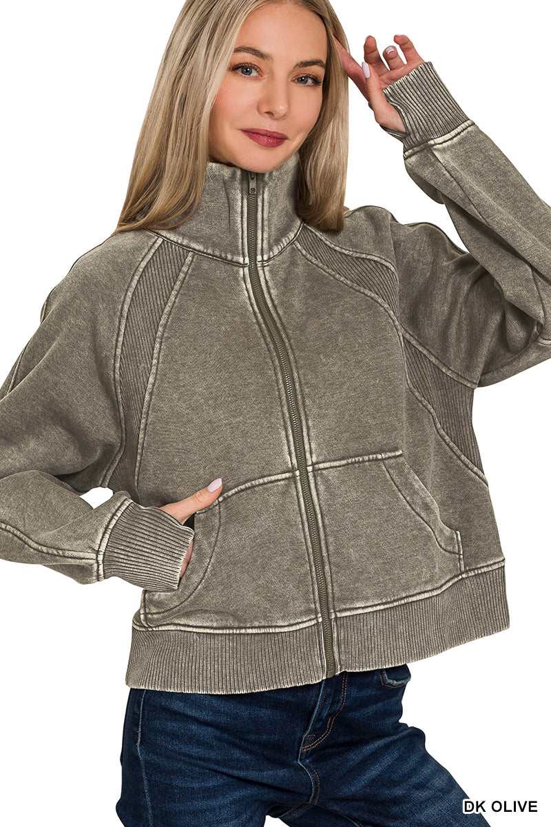 Acid Wash Zip Up Fleece Jacket