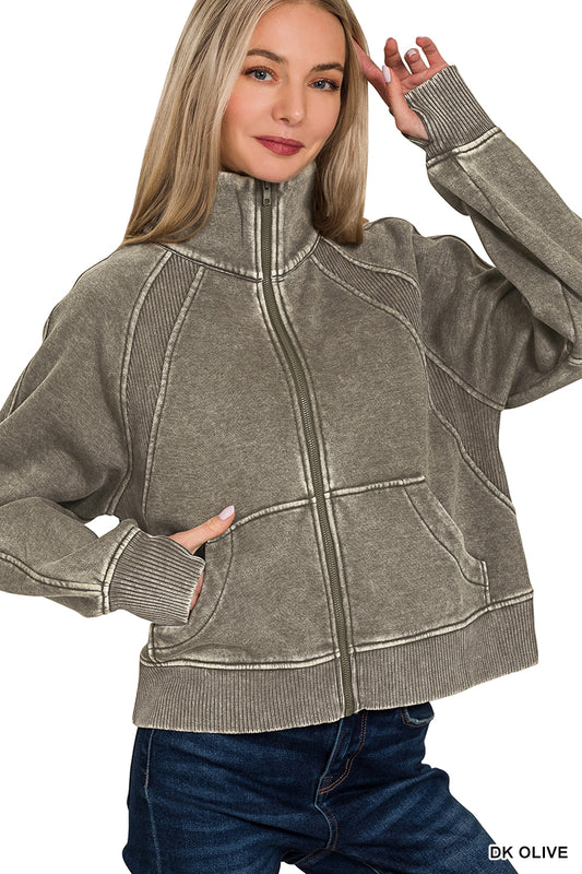 Acid Wash Zip Up Fleece Jacket