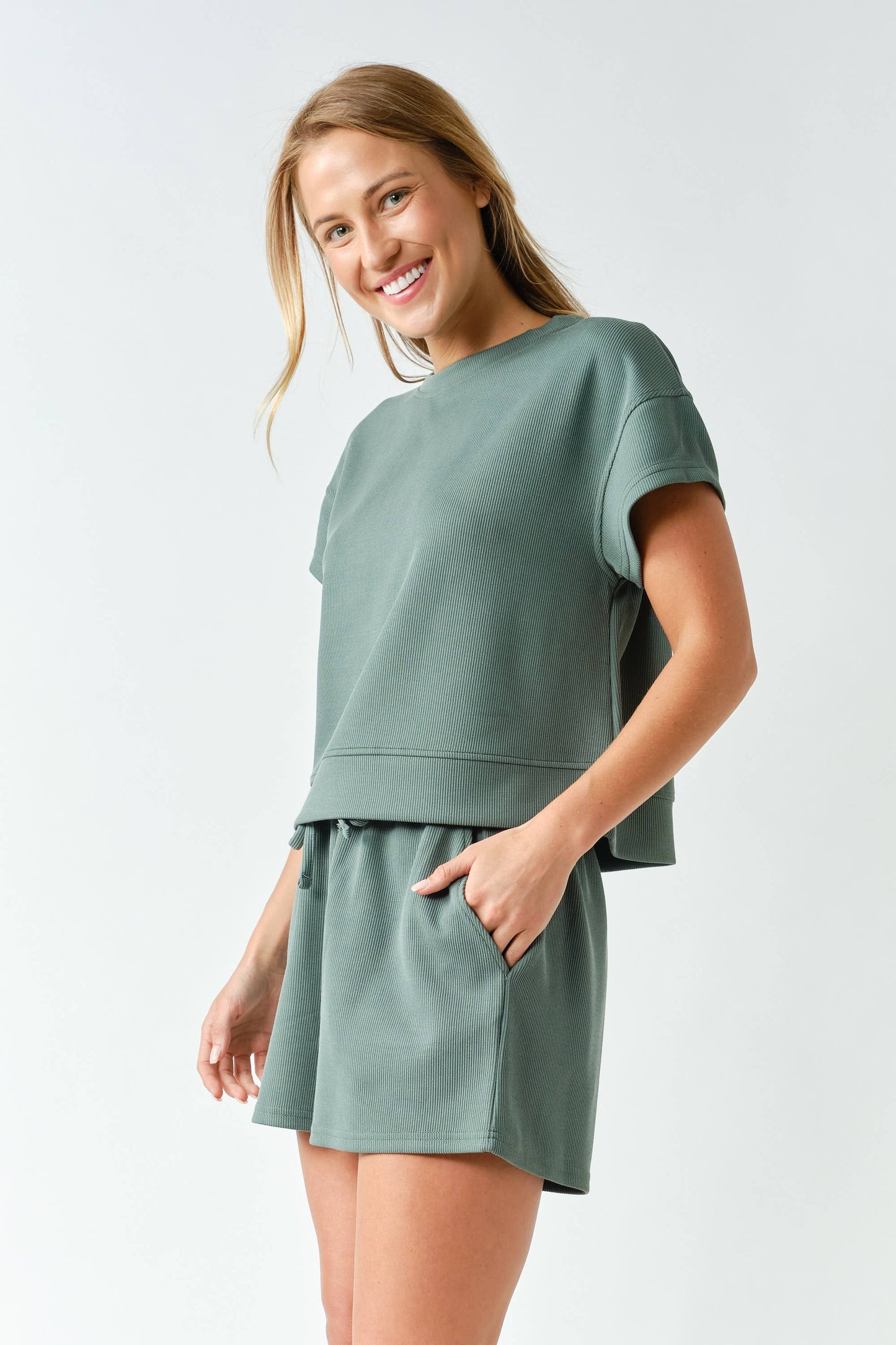 Luxe Sand Wash Rib Classic Tee Set: ELDERGREEN