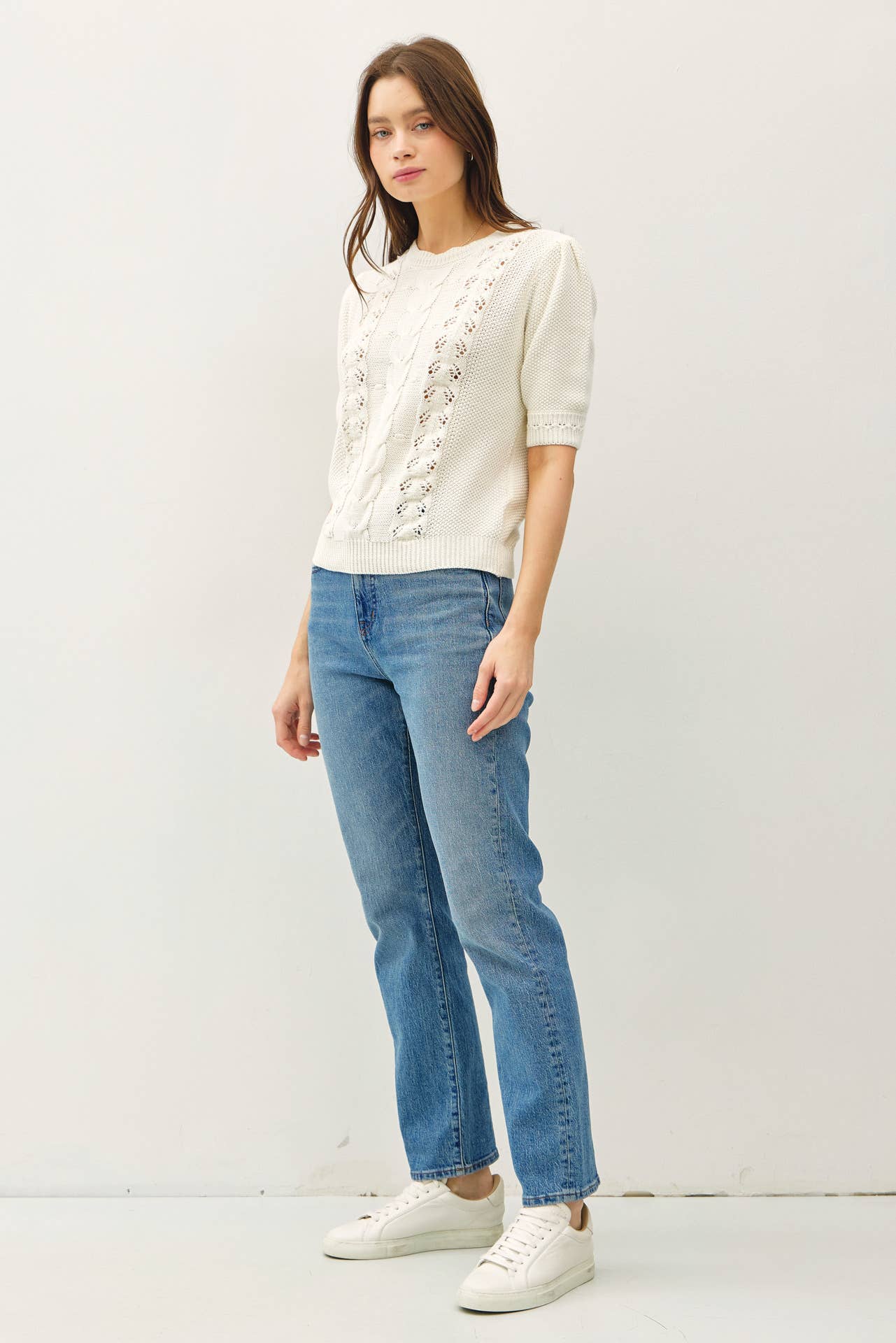 Be Cool - CHUNKY PUFF SHORT SLEEVE CABLE KNIT SWEATER: SEAFOAM / L