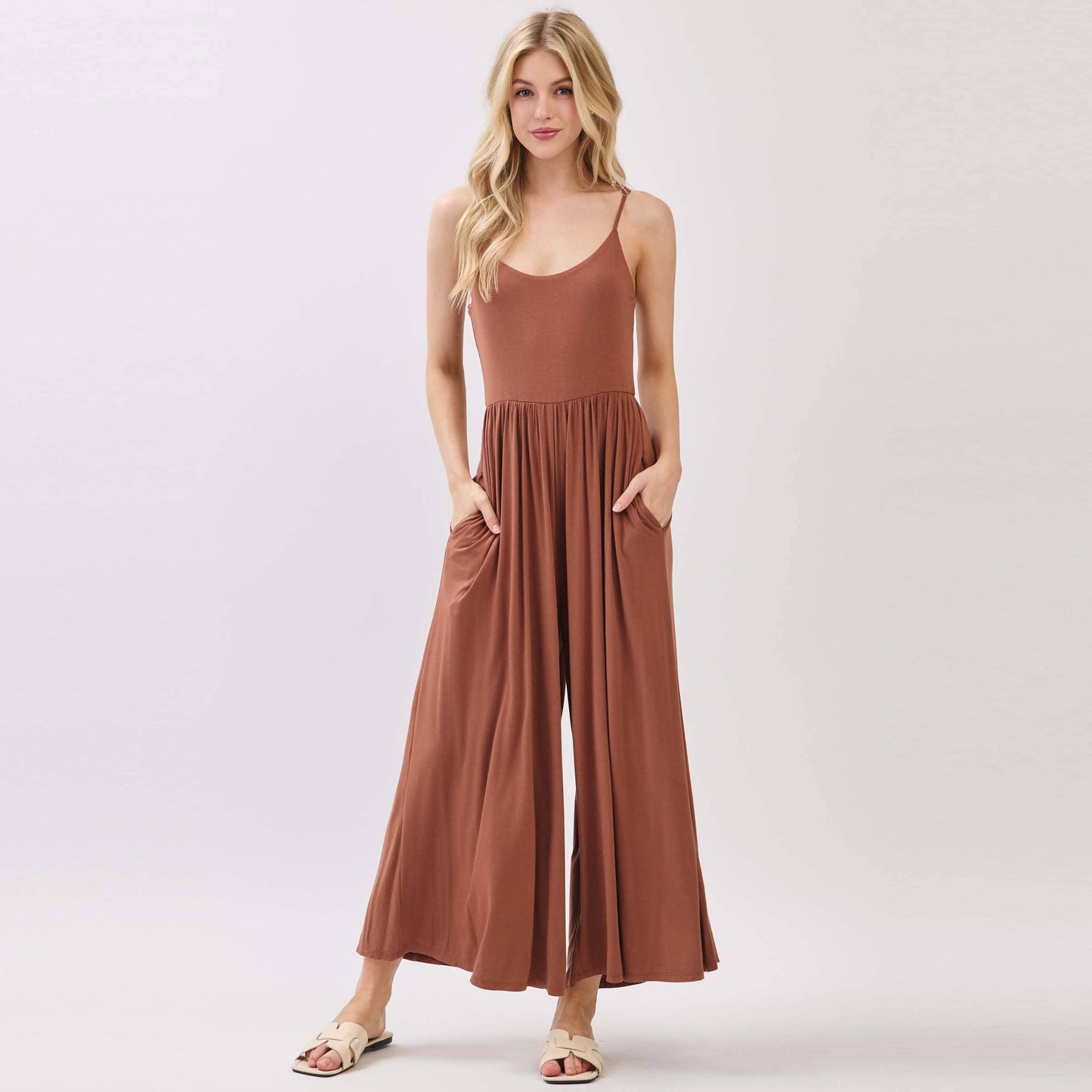 Final Touch - Flare Wide Leg Jumpsuit W/ Adjustable Strap - VJU60179: Nutshell / M