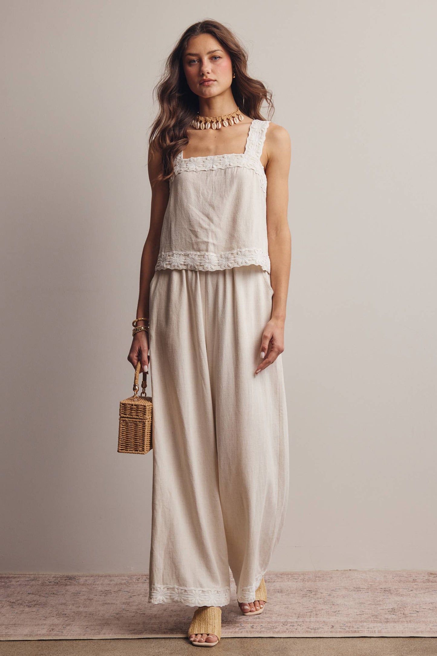 Embroidered Square-Neck Tank & Wide-Leg Pants Set