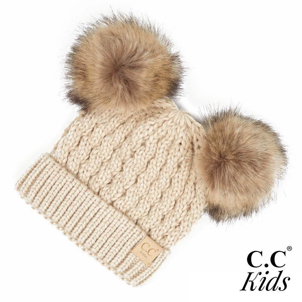 Kids Cable Knit Double Faux Fur Pom Beanie