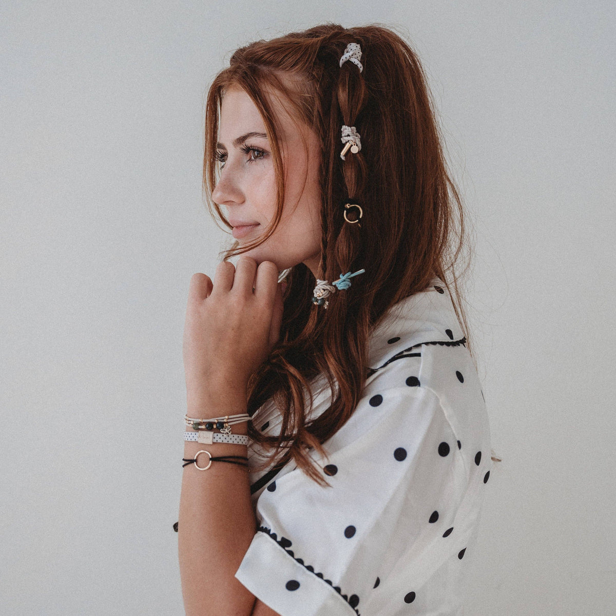 K'lani hair tie bracelets - "Flirt" Polka Dot in Cream & Black with Green Accent Hair Tie Bracelets: Large