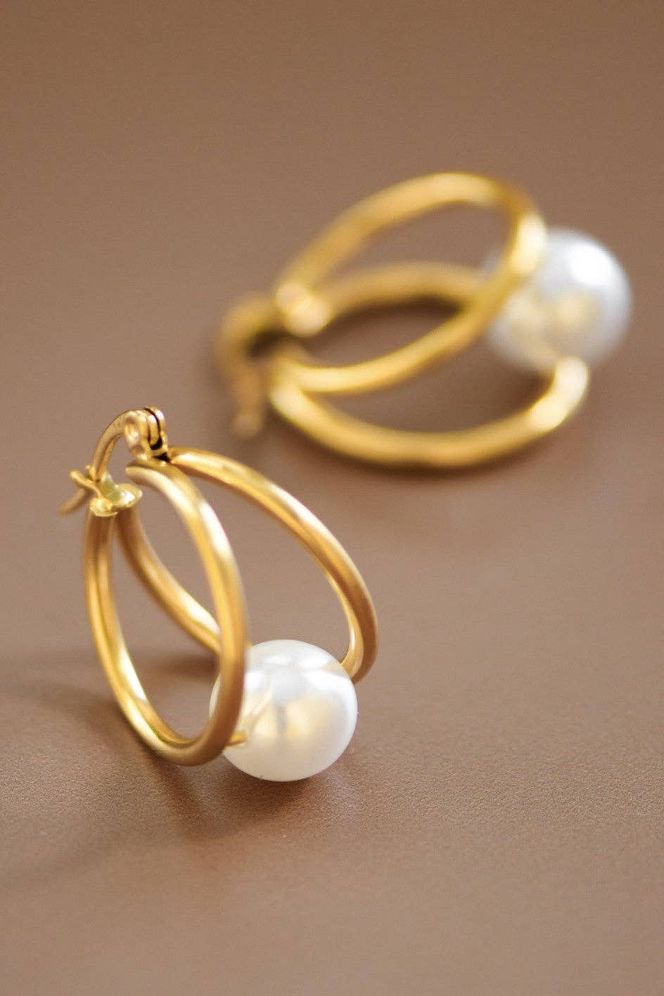 18K Gold Plated Waterproof Stainless Steel Pearl Hoop Earrings