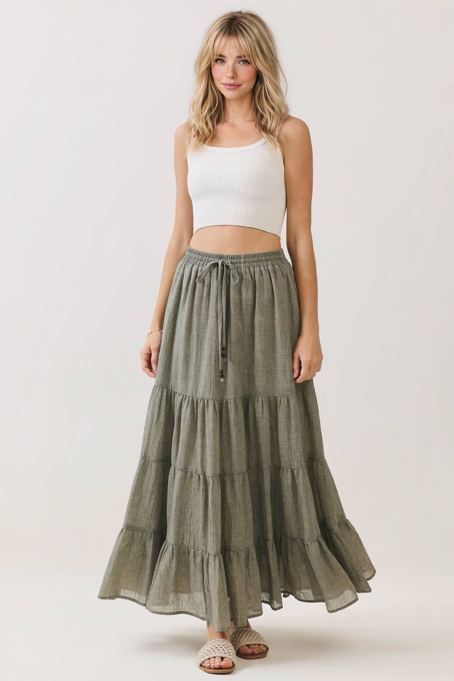 Final Touch - Tiered Coconut Tie Detail Maxi Skirt - VS3009: OLIVE / S