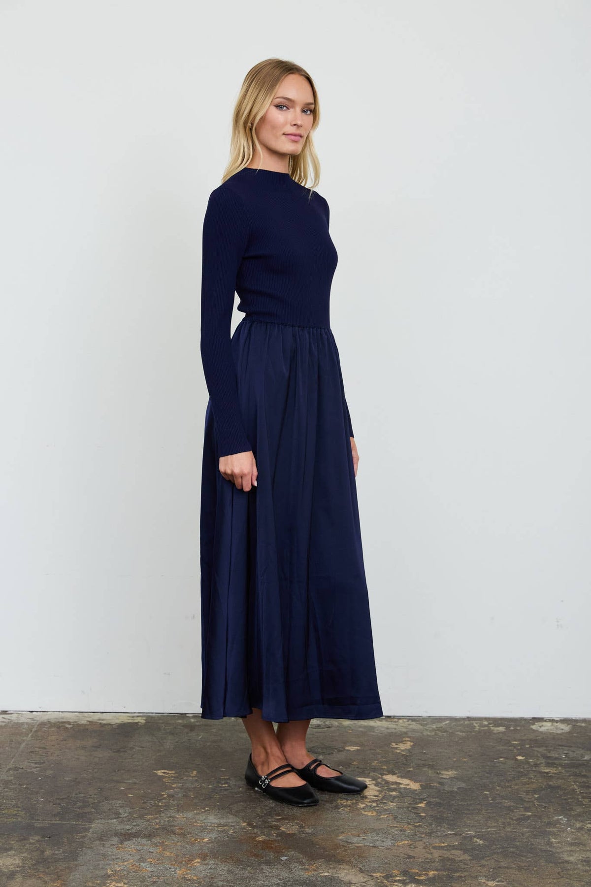 RIBBED MOCK NECK SATIN TWOFER MIDI DRESS
