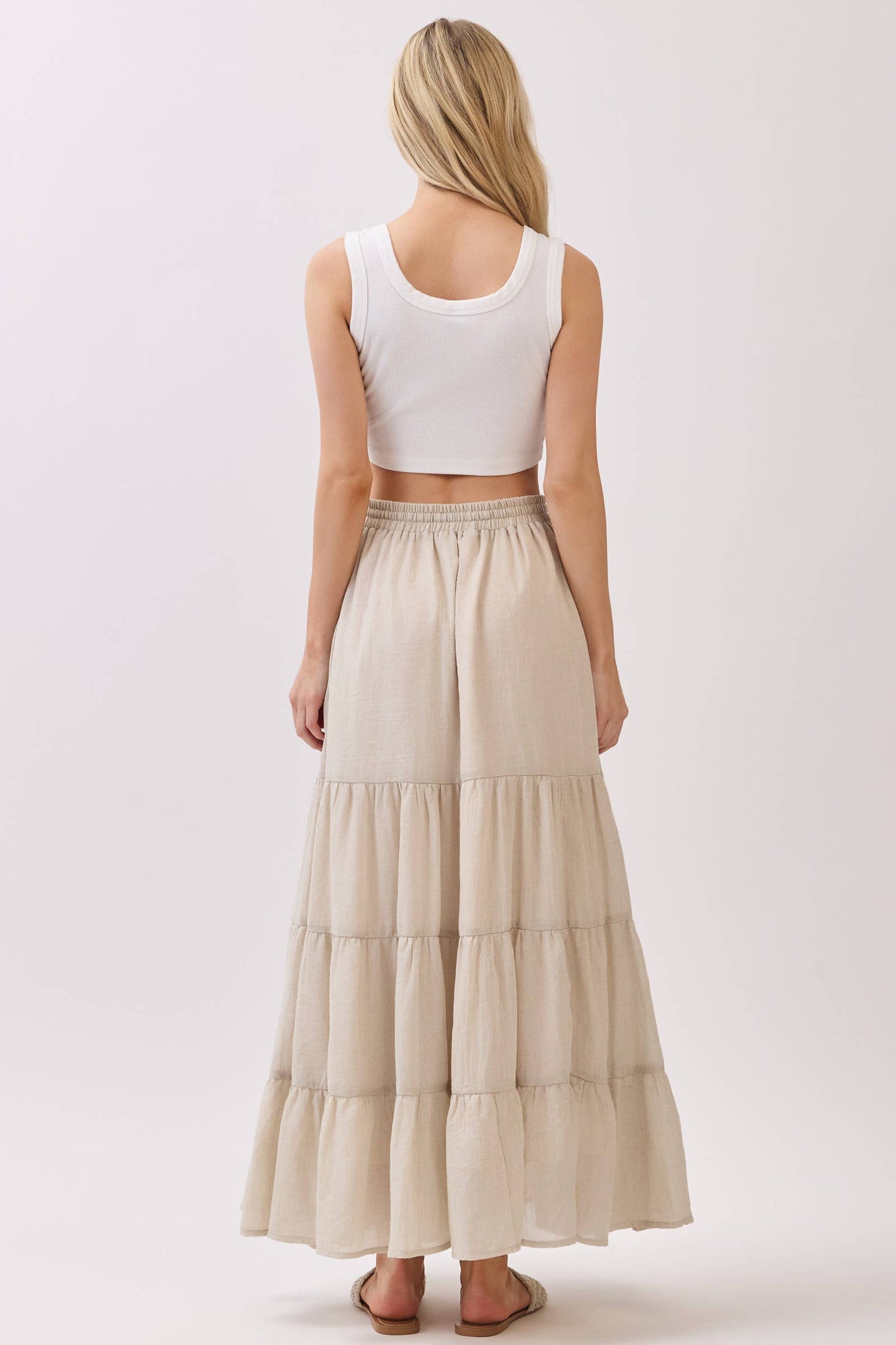 Final Touch - Tiered Coconut Tie Detail Maxi Skirt - VS3009: OLIVE / S