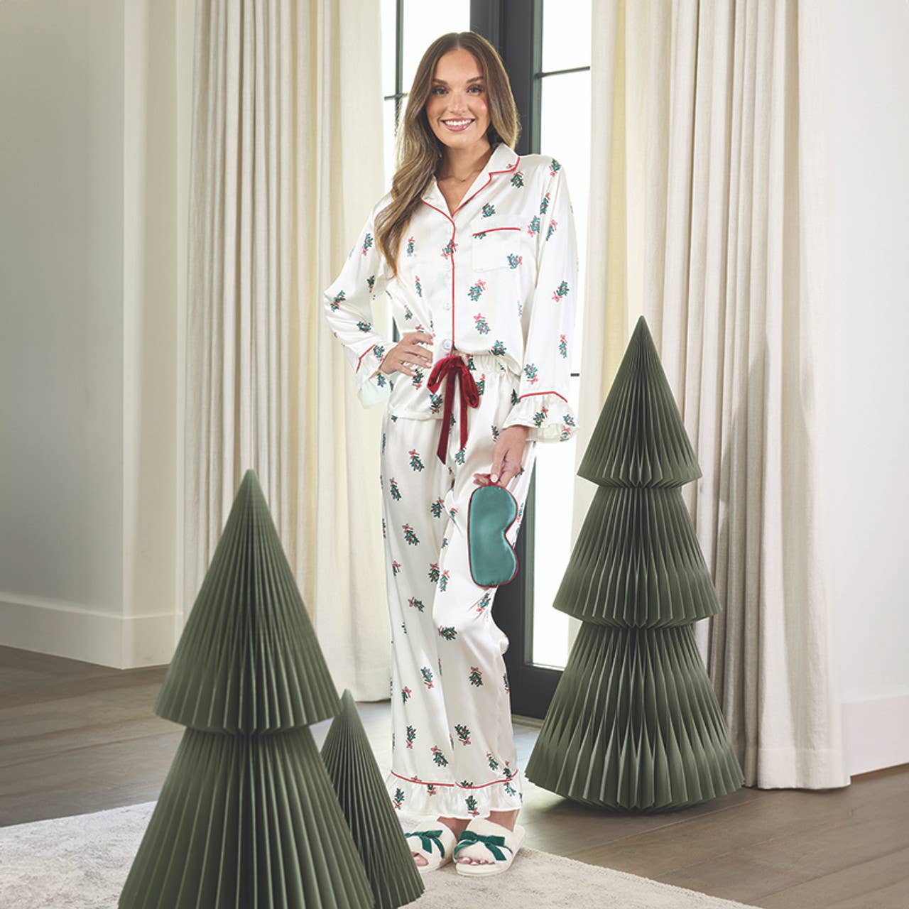 Ruffle PJ Set With Velvet Tie - Mistletoe