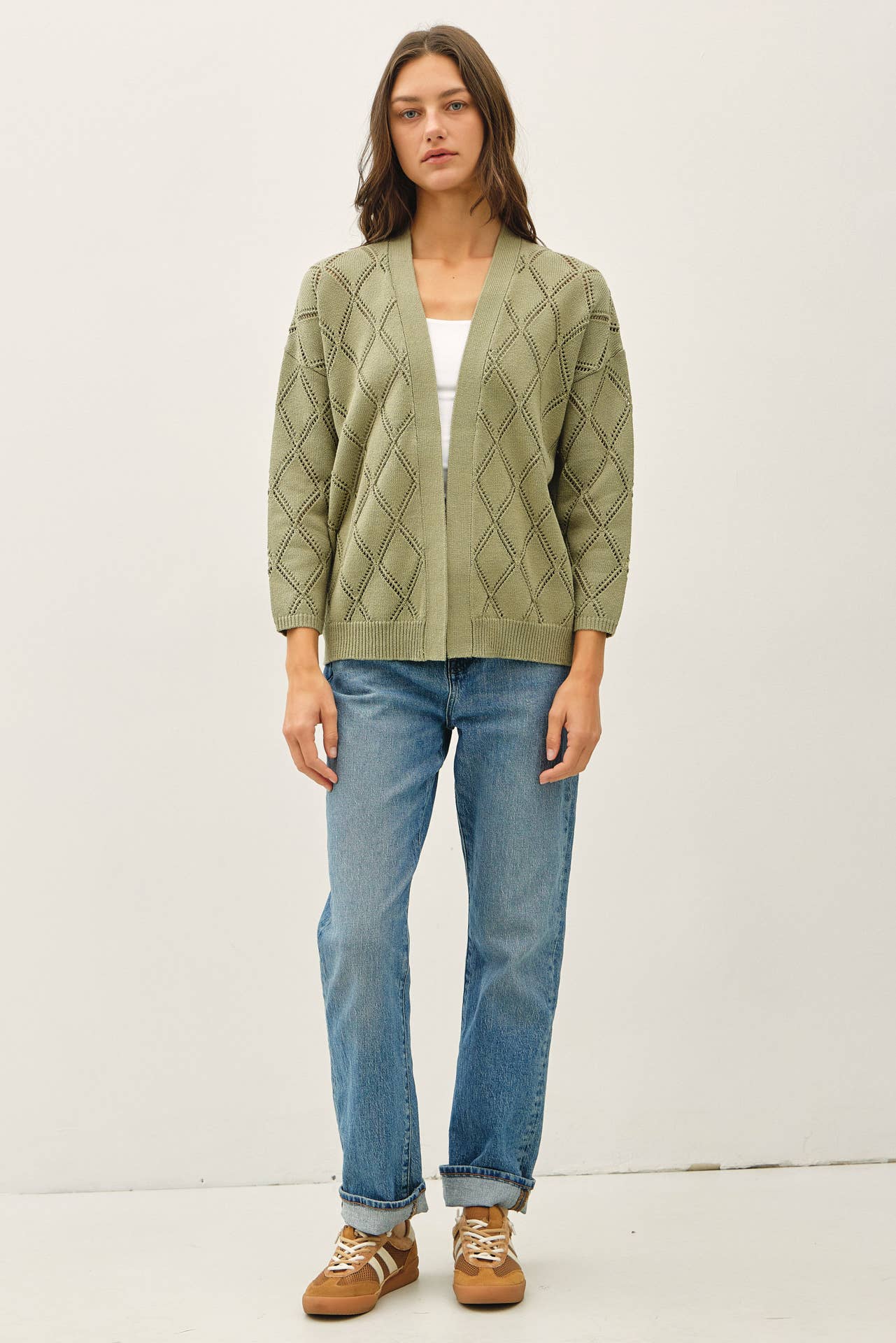 Be Cool - POINTELLE KNIT OPEN FRONT CARDIGAN: MARSALA / L