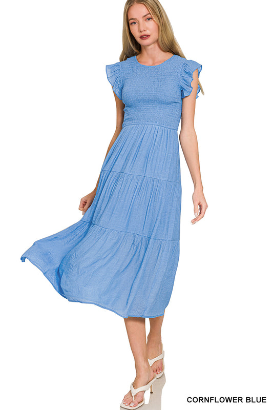Woven Smocked Ruffle Sleeve Midi Dress