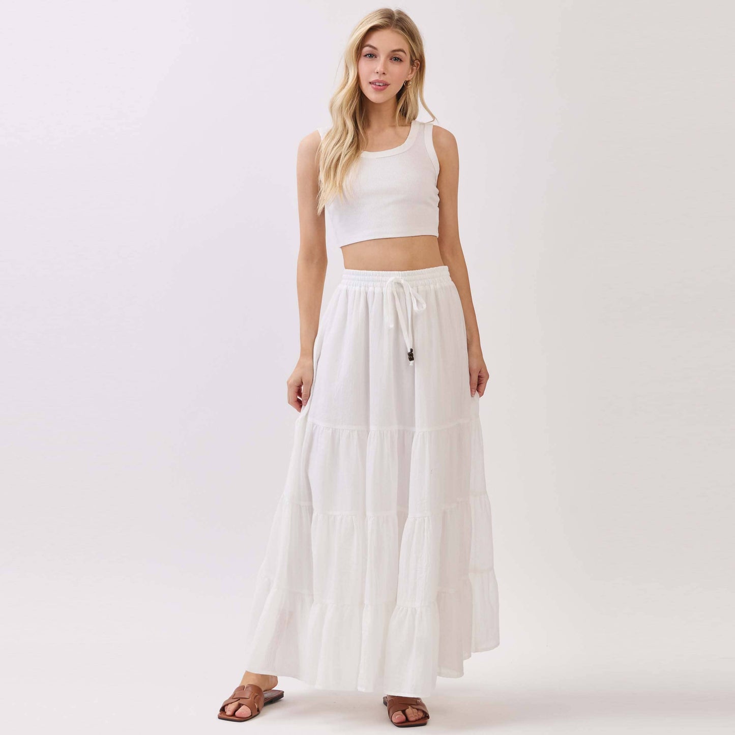 Final Touch - Tiered Coconut Tie Detail Maxi Skirt - VS3009: OLIVE / L