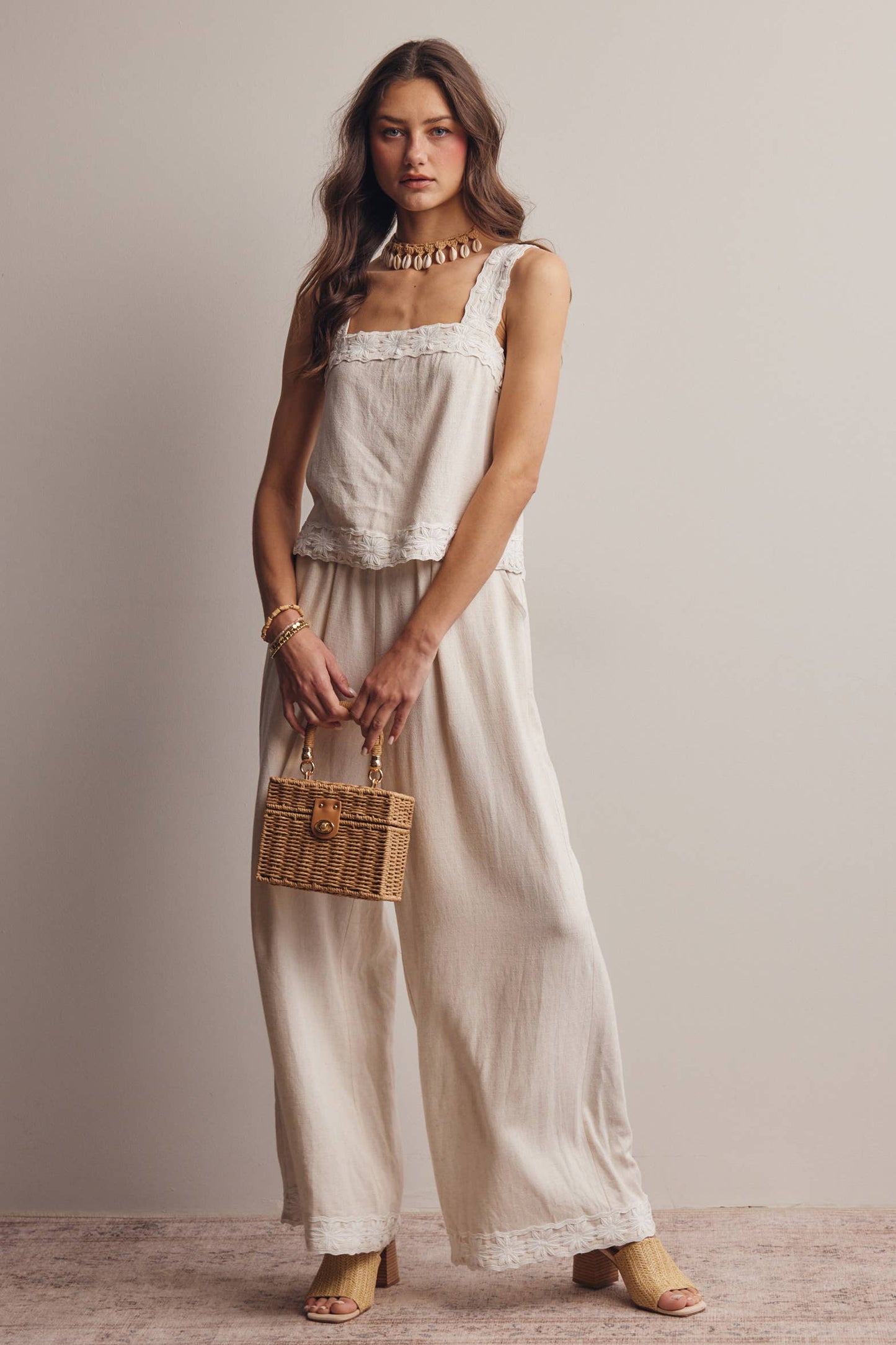 Embroidered Square-Neck Tank & Wide-Leg Pants Set