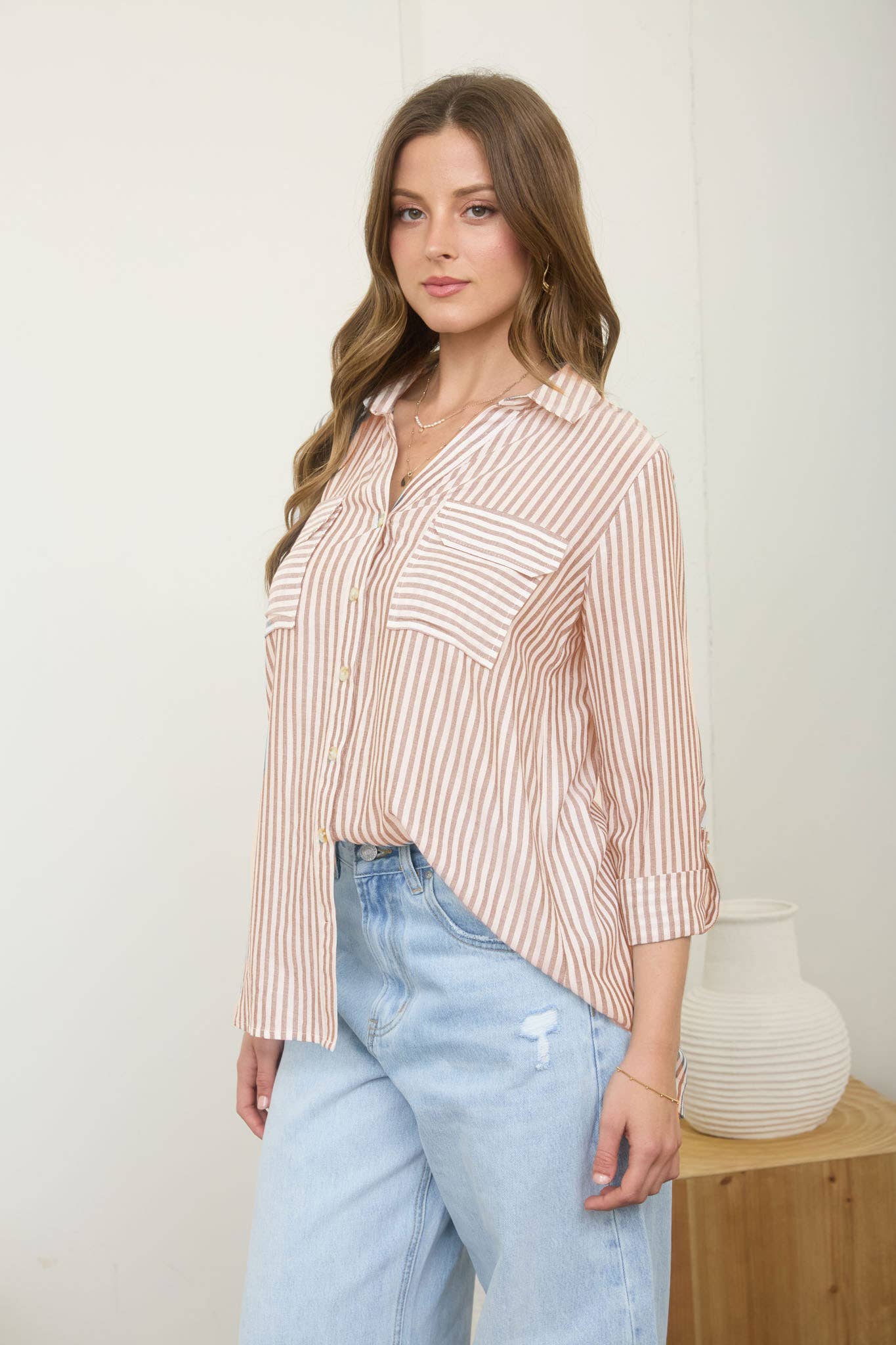Blu Pepper - STRIPE COLLARED BUTTON DOWN LIGHTWEIGHT SHIRT : BROWN