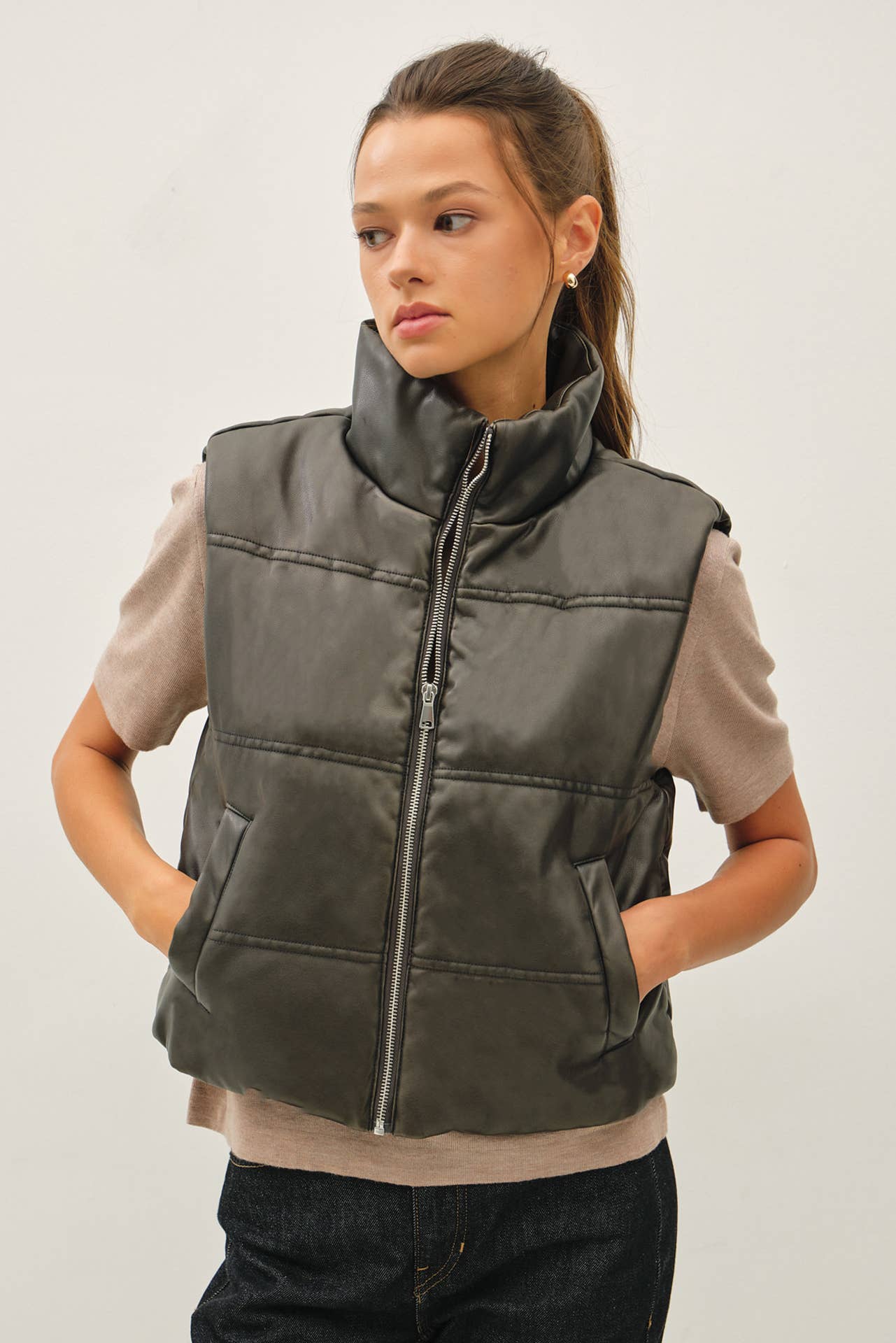 Be Cool - FAUX LEATHER PUFFER VEST : Brown / M