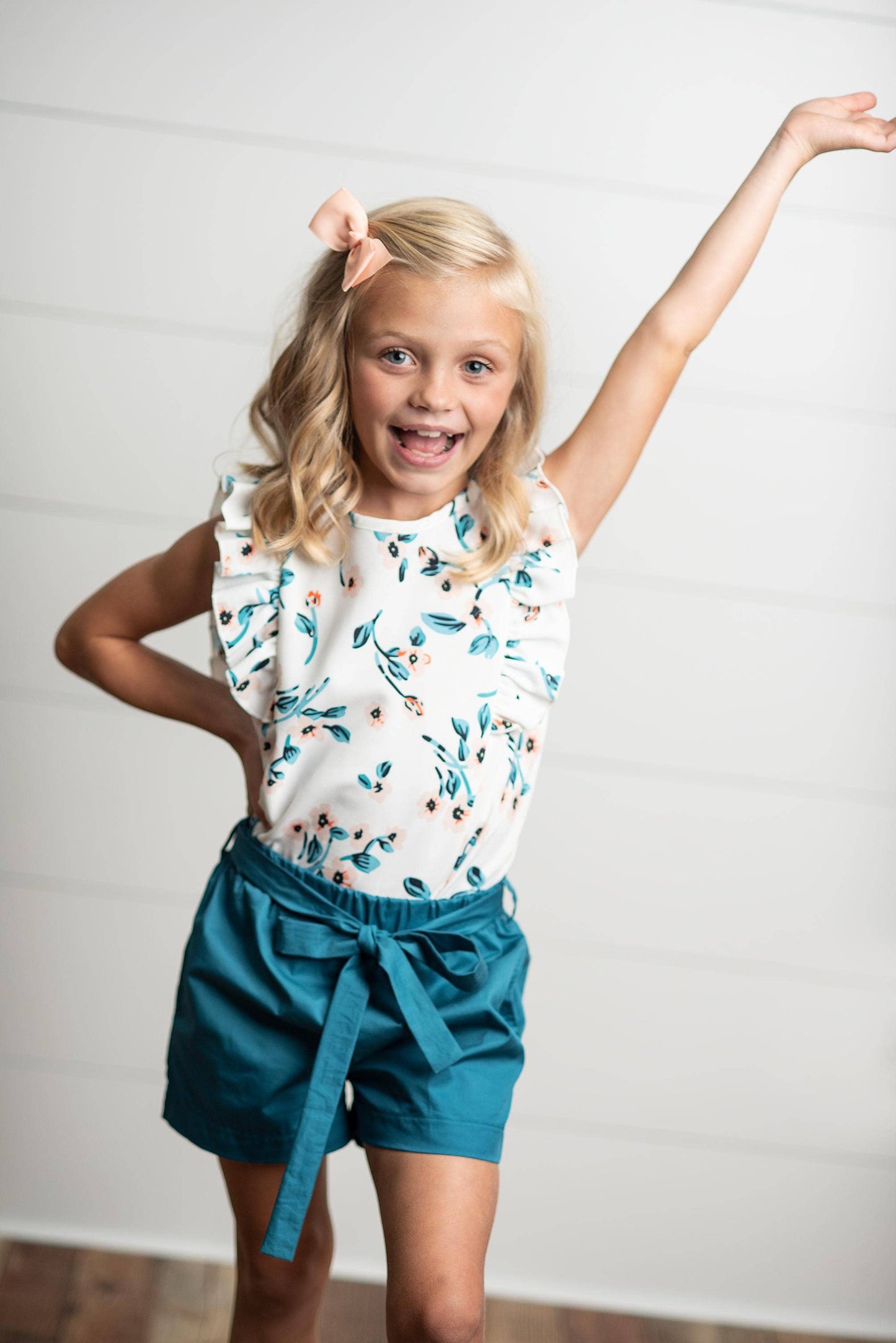 Kids White & Teal Floral Ruffle Summer Short Set