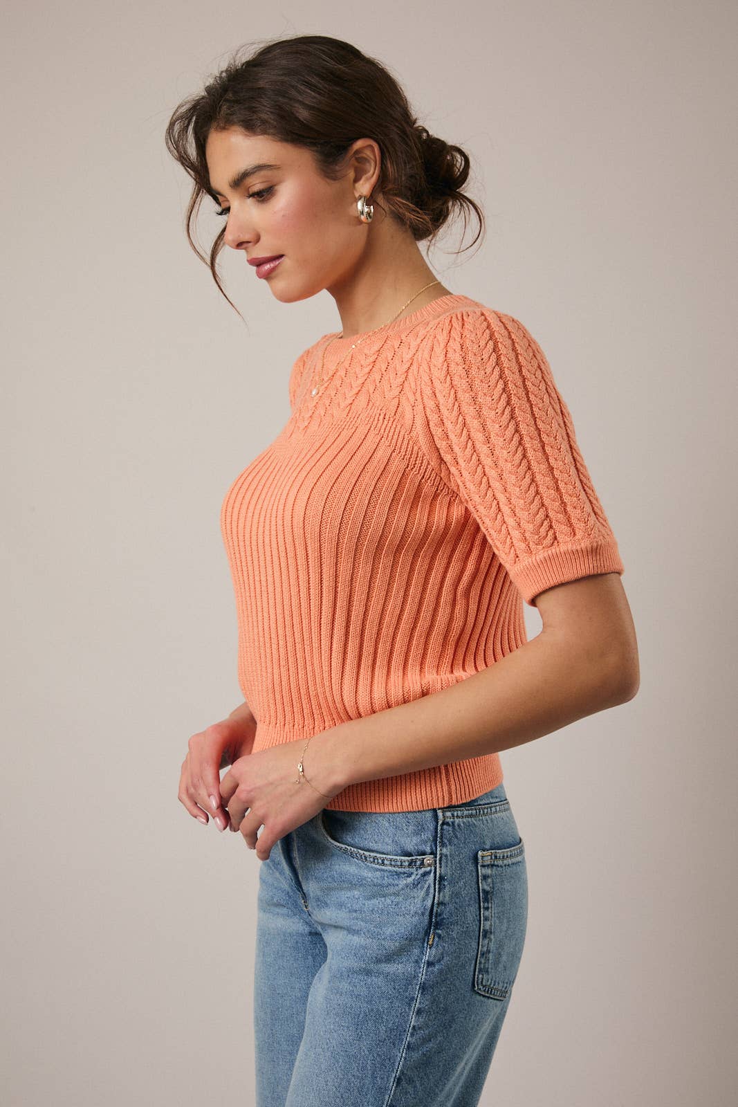 Sunday Edition by LE LIS - ROUND NECK PUFF SHORT SLEEVE CABLE SWEATER: APRICOT / L