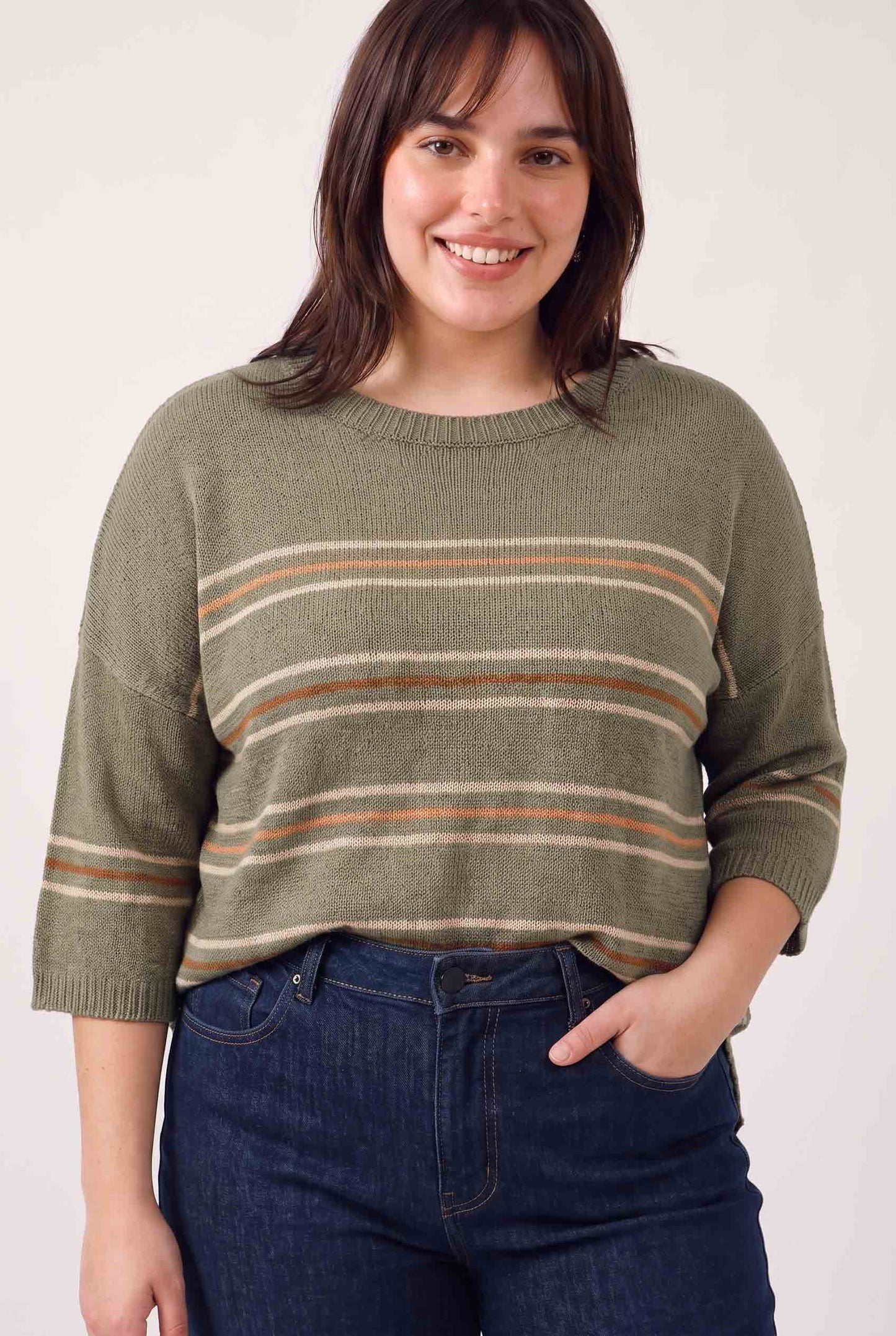 Be Cool - [PLUS] OVER SIZED DROP SHOULDER STRIPED SWEATER : SAGE / 1X