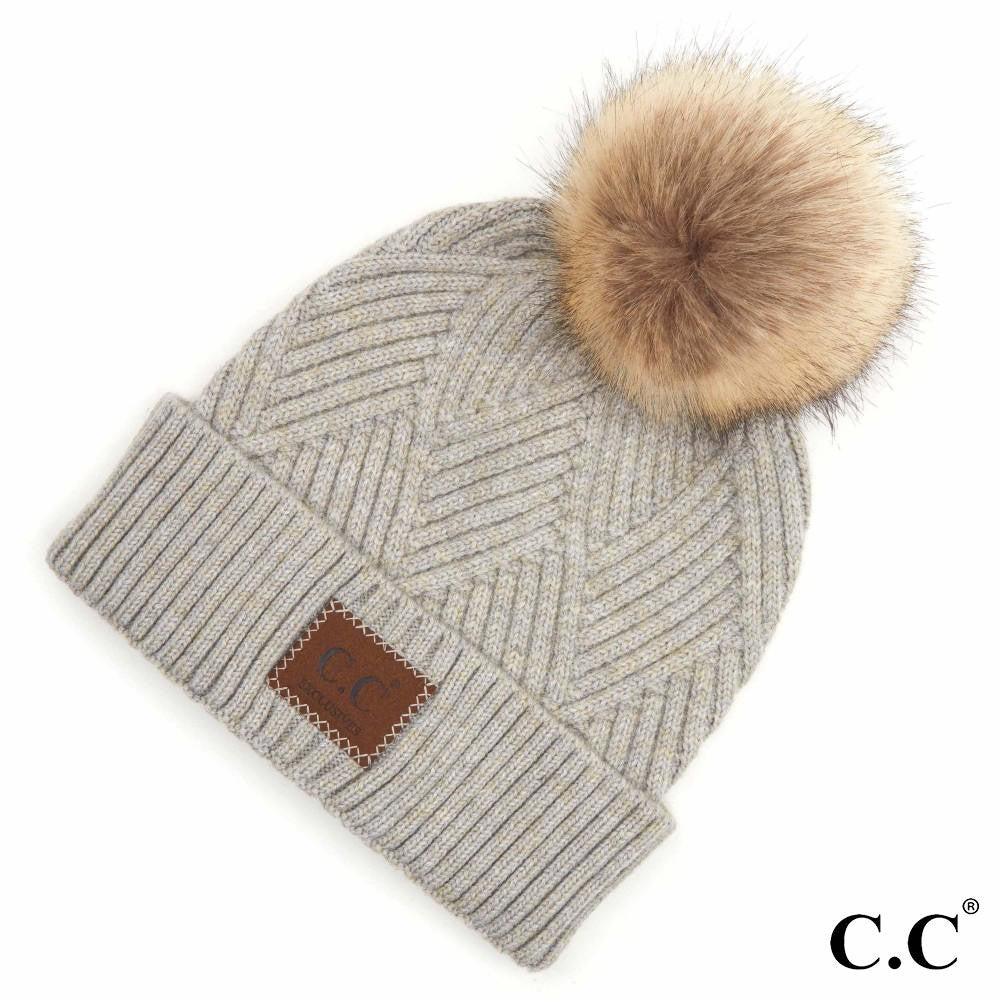 Diagonal Stripe Knit Pattern Pom Beanie